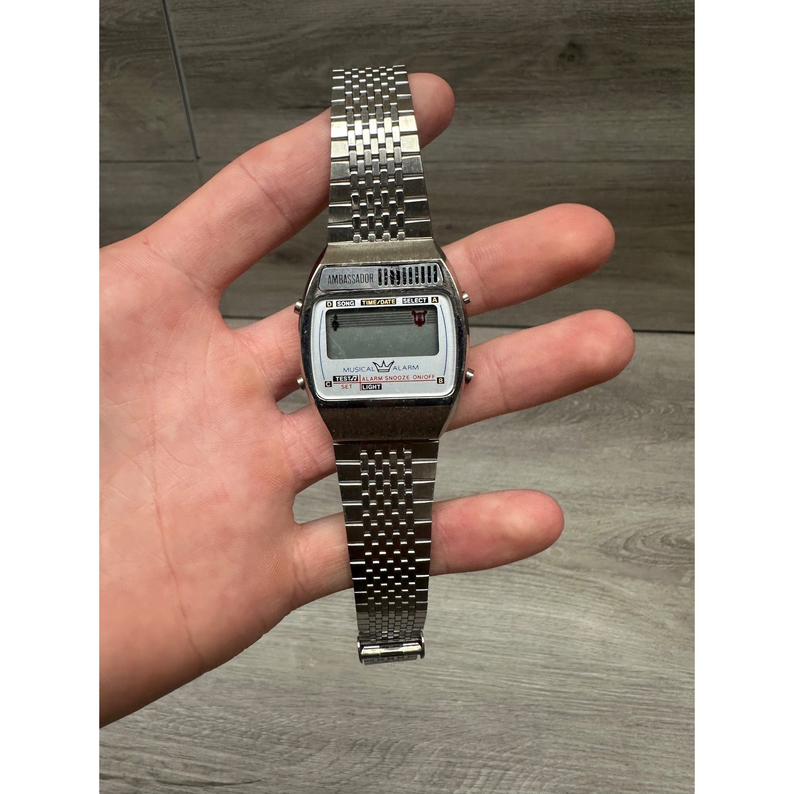 Vintage Ambassador Musical Alarm Digital Watch Silver Tone Metal Link Bracelet