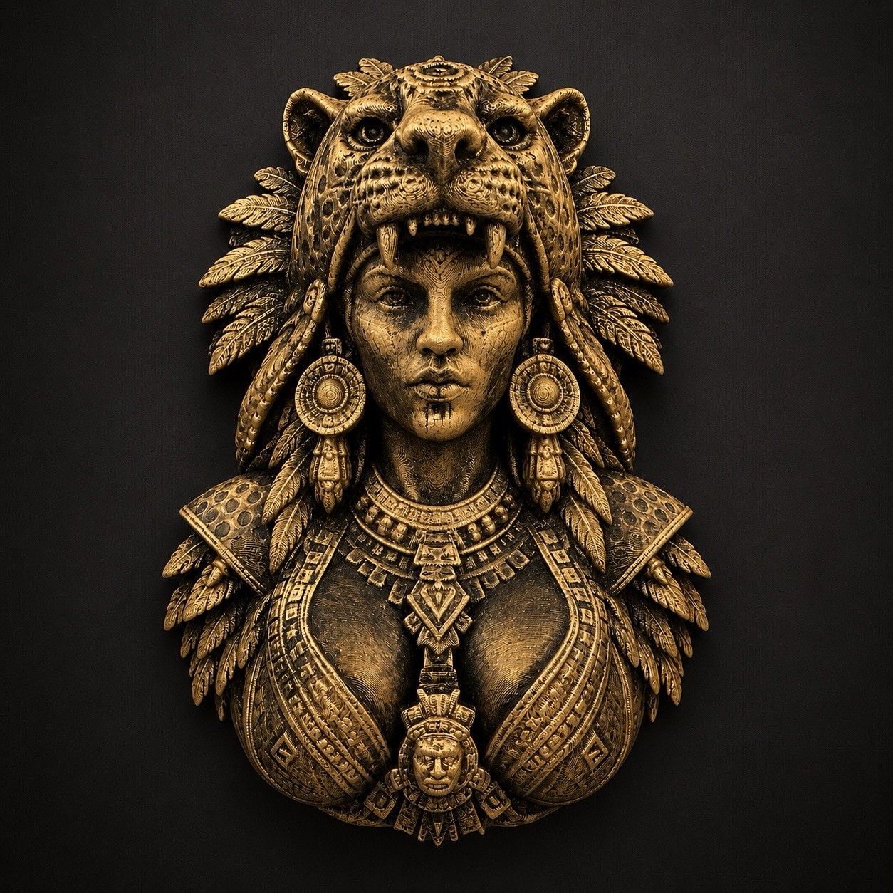 Aztec Jaguar Warrior Woman Wall Sculpture Mayan Goddess Bust Wall Decor Art 9in