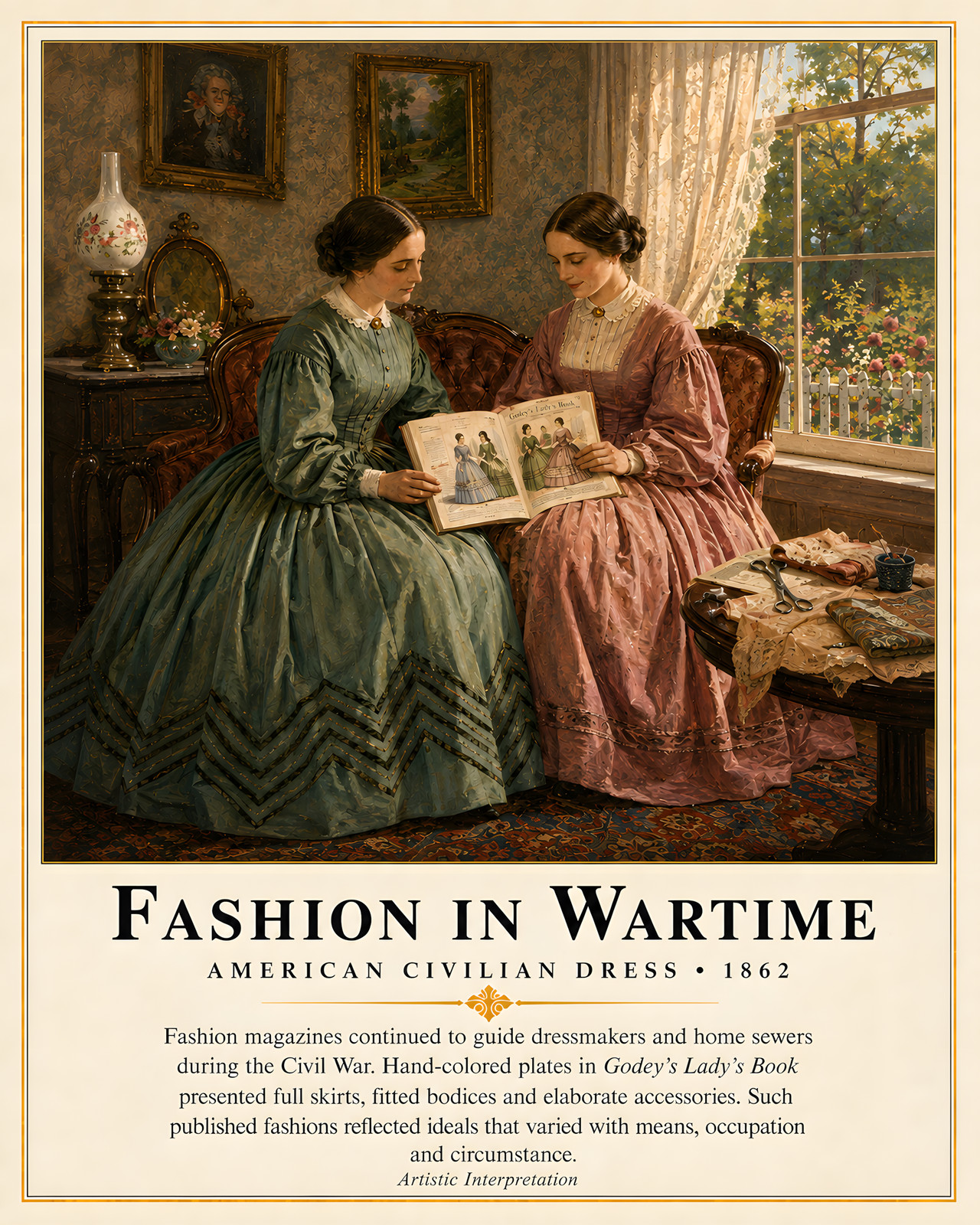 Civil War Women\'s Fashion in a Sunlit Victorian Parlor Art/160541429