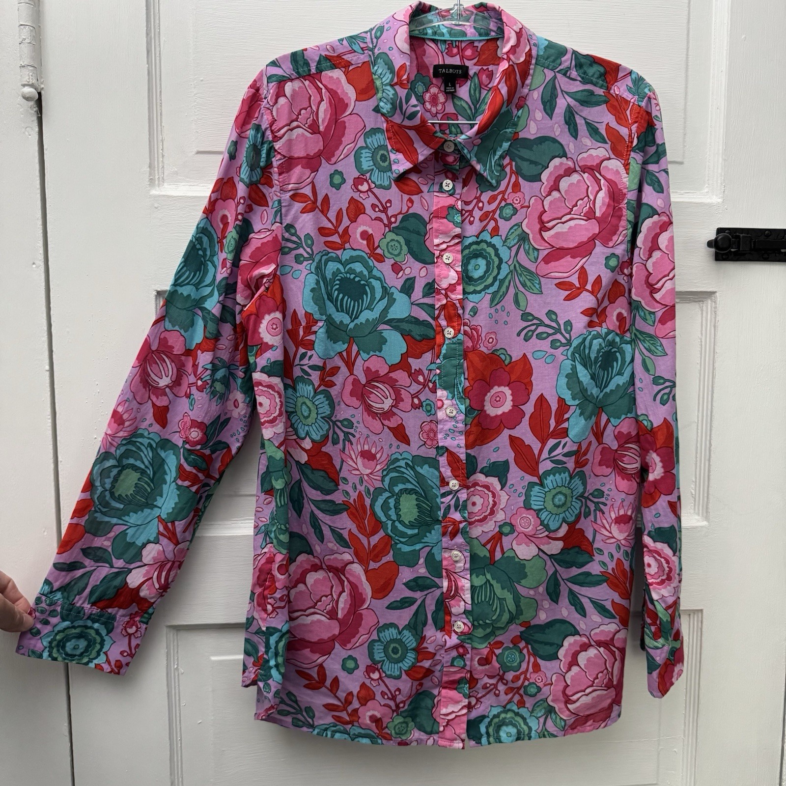 Talbots Shirt Womens Large Pink Teal Floral Cotton Button Up Long Sleeve Blouse