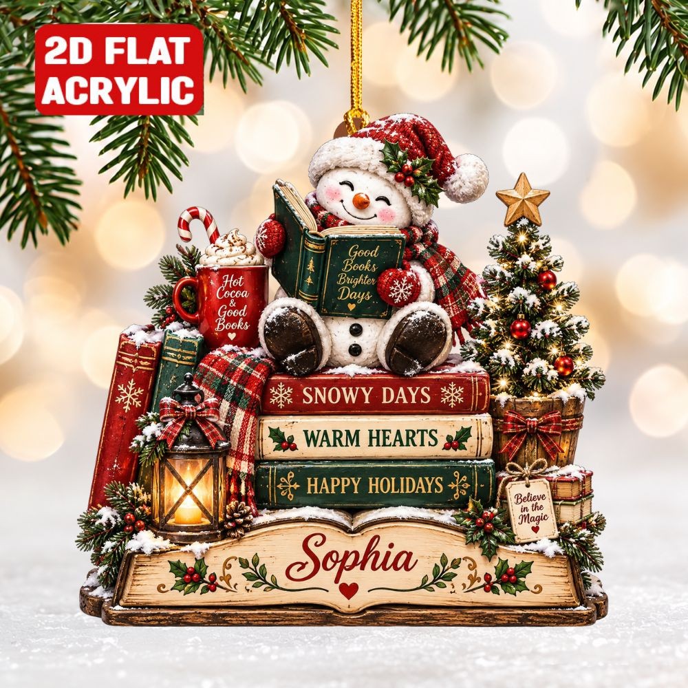 Personalized Snowman Reading Book Snowy Ornament Christmas Gift Acrylic 2D FLAT