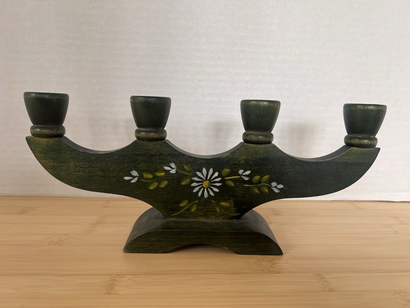 Vintage Swedish Allmoge Folk Art Wood Candelabra Hand Painted Christmas MCM