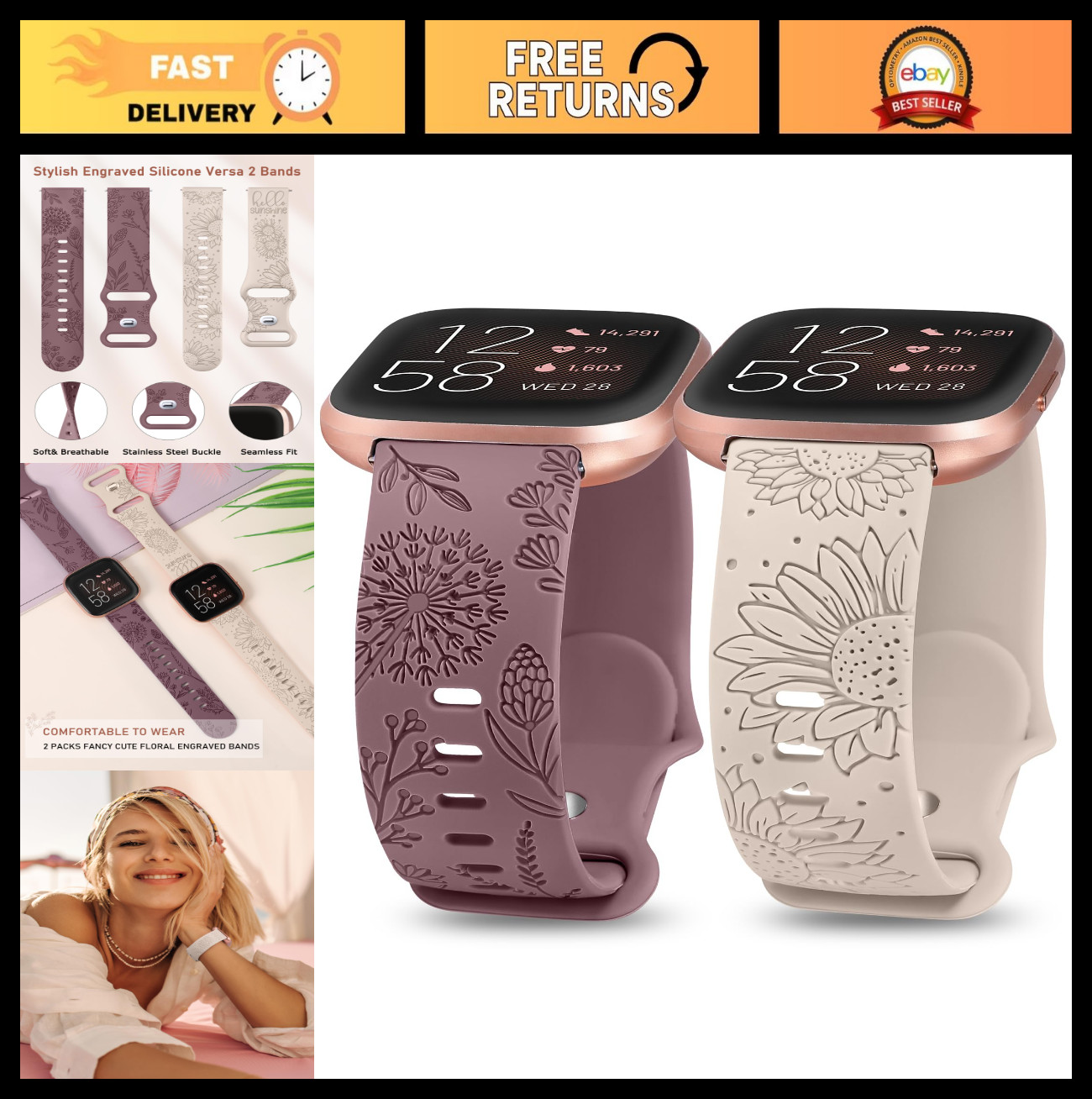 2 Pcs Floral Engraved Soft Silicone Bands for Fitbit Versa 2/Versa Lite - Stylis