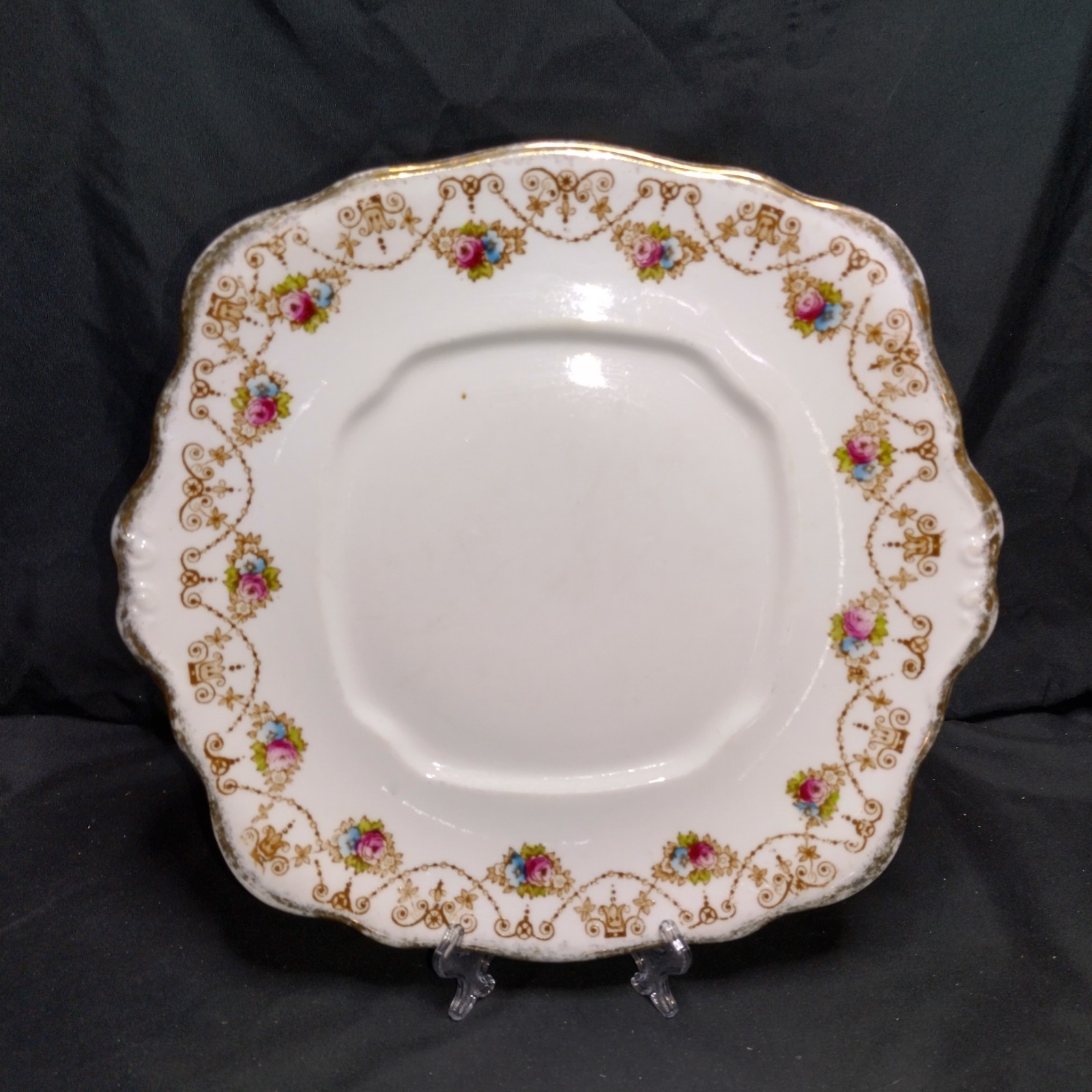 Antique Royal Albert Crown China Square Cake Plate Serving Platter Floral Gold