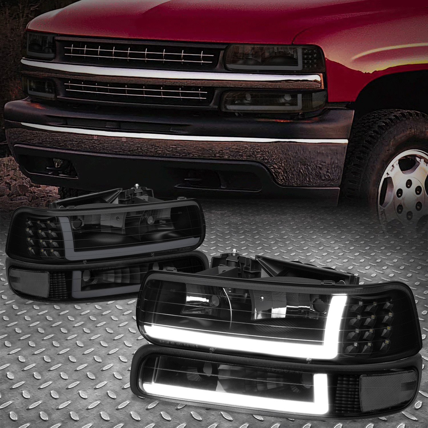 For 99-02 Chevy Silverado 1500 2500 HD 3500 LED DRL Headlight+Bumper Signal Lamp
