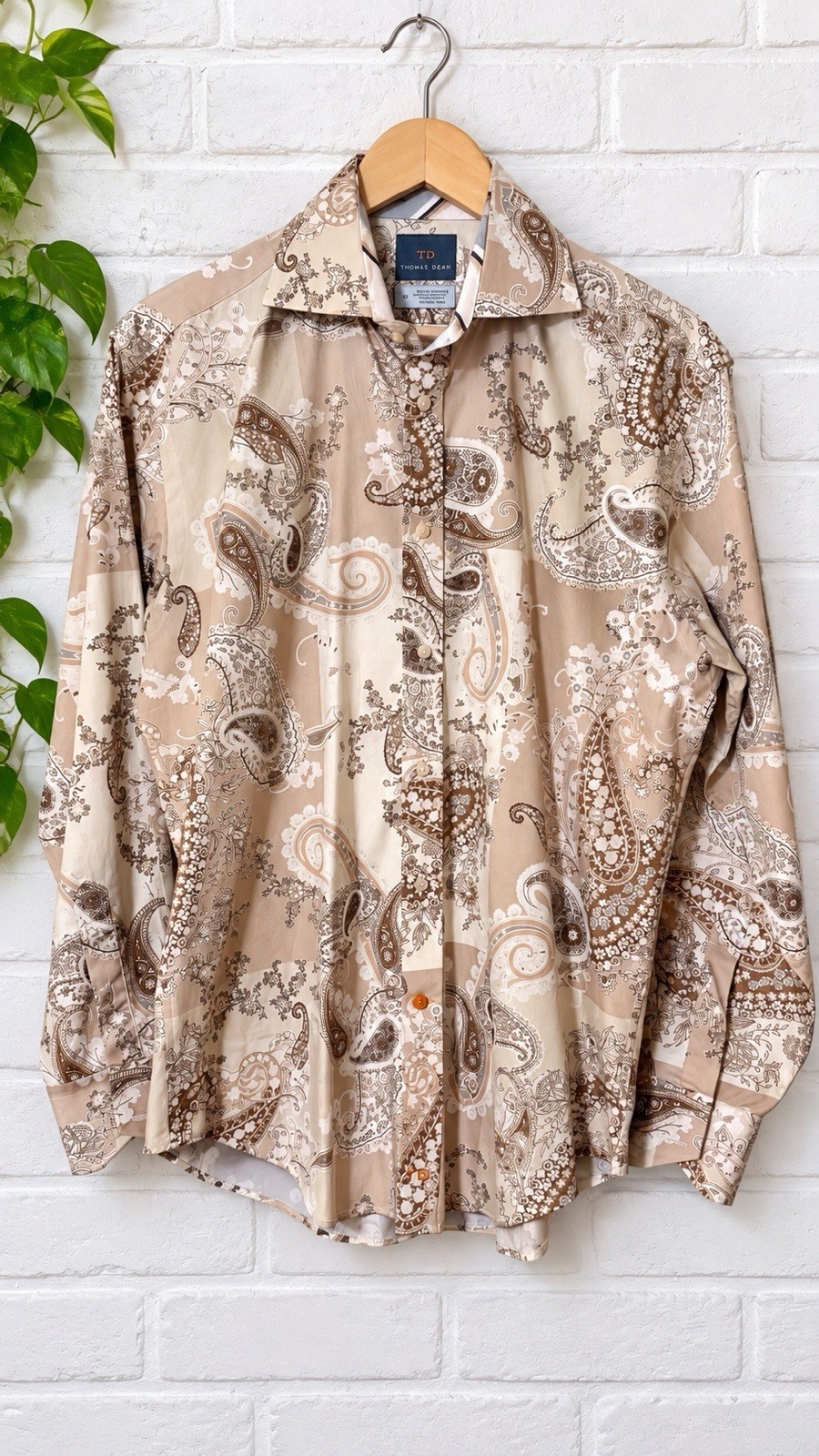 Thomas Dean Mens Small Luxury Shirt 100% Cotton Paisley Tan Brown Button Down