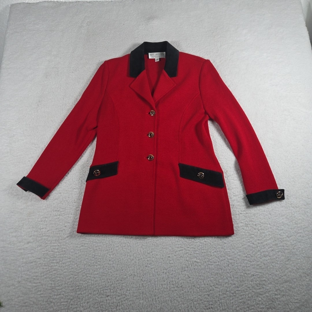 St. John By Mary Gray Red Santana Knit Jacket Leather Accents Holiday Women’s 4 St. John By Mary Gray Red Santana Knit Jacket Leather Accents Holiday Women’s 4