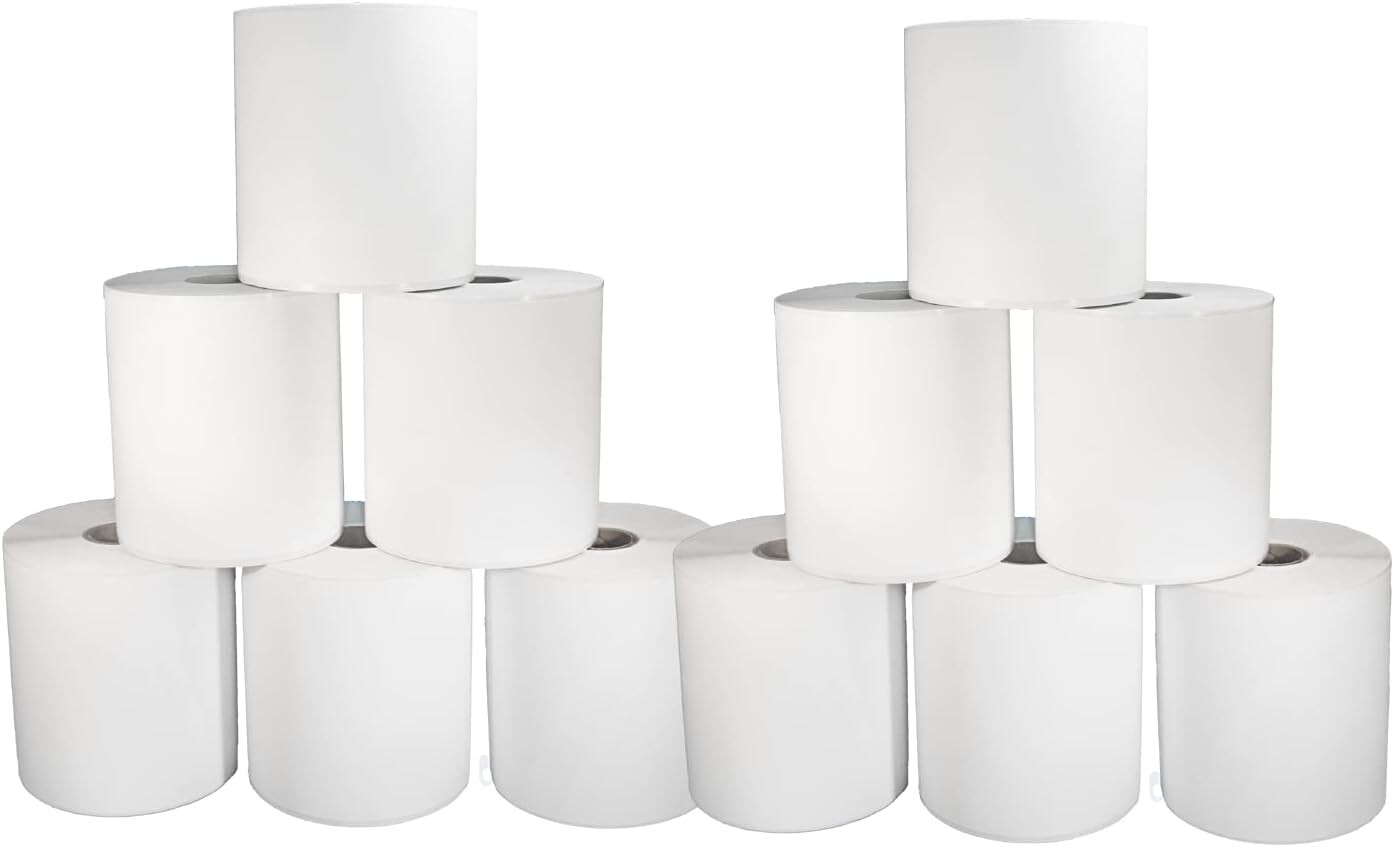 12 Pack of Direct Thermal Continuous Label Rolls - Dimensions are 4 x 1,800 in.