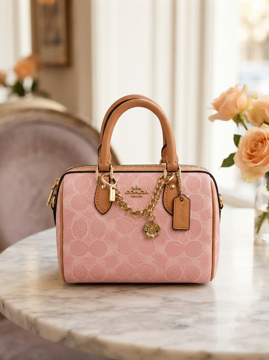 Coach Mini Rowan Crossbody Bag In Signature With Charms in Powder Pink CEK79