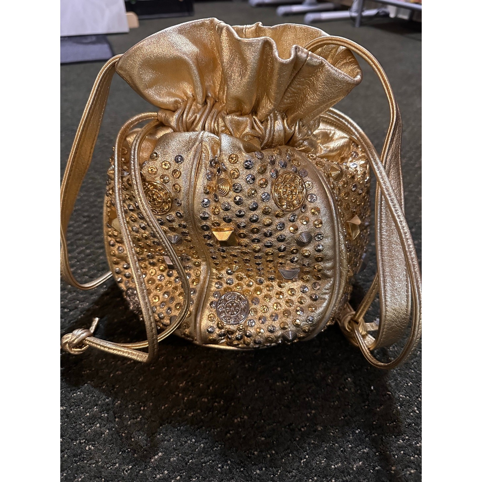 Fabulous Vintage 1980’s Gold Leather Studded Drawstring Bucket Bag