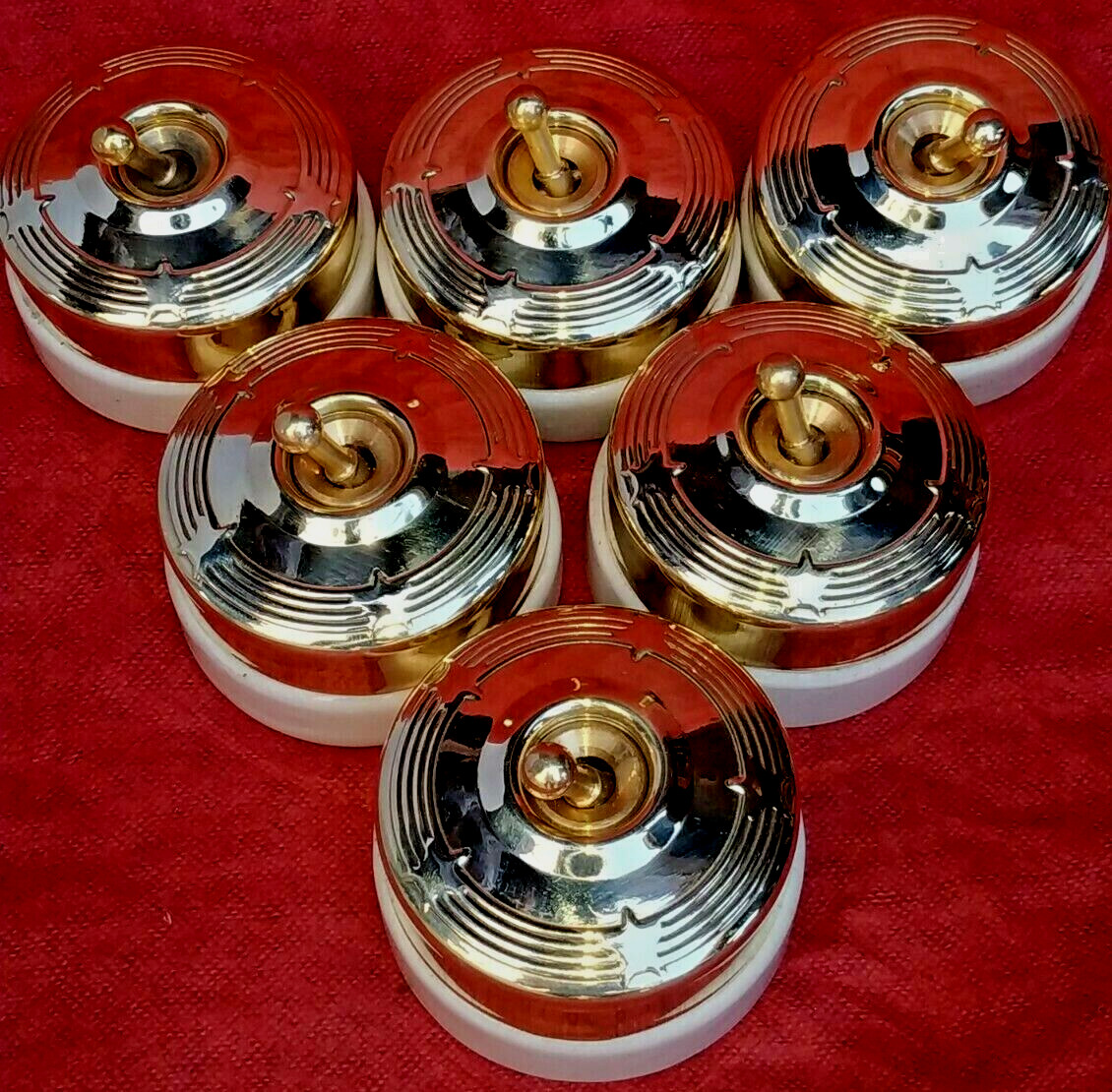 6 PC VINTAGE BRASS AND CERAMIC ROUND ELECTRIC SWITCH BUTTON STAR DESIGN 1 WAY 