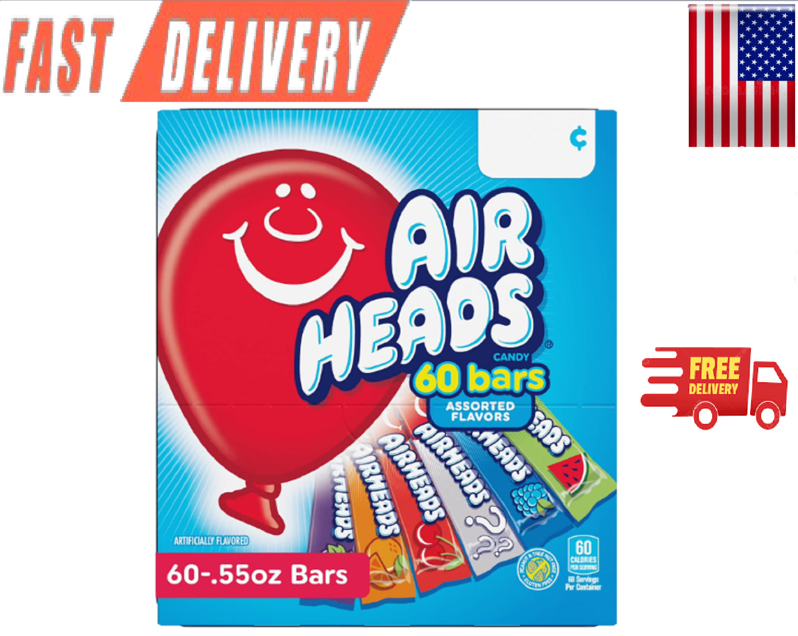 Airheads Peanut-Free Full-Size Chewy Candy Bars, Assorted Fruit Flavors 60 Count