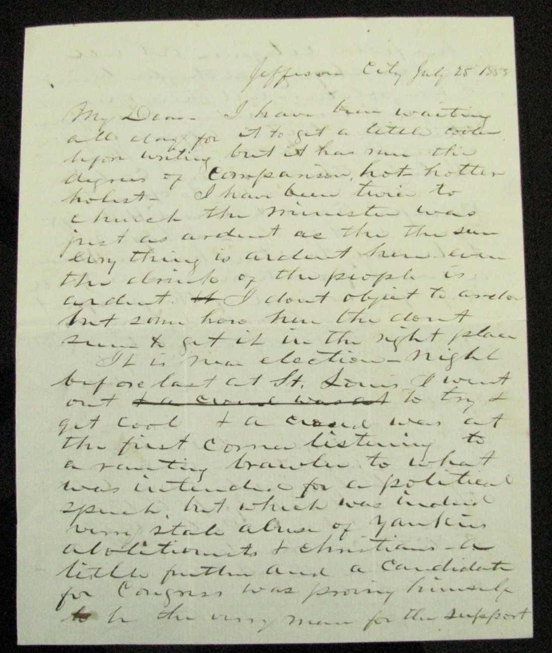 JEFFERSON CITY  MISSOURIANS  ABOLITIONISTS  BEER & ELECTIONS LETTER 1858