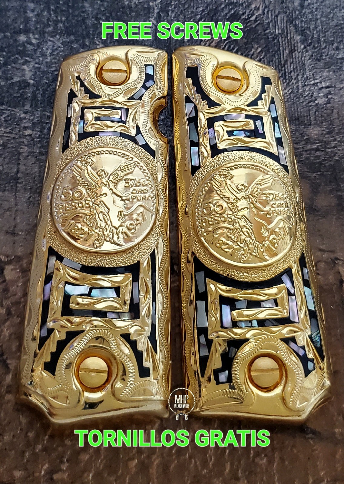 Gold plated Abalone govermment 1911 gun grips Narco style Cachas Centenario coin