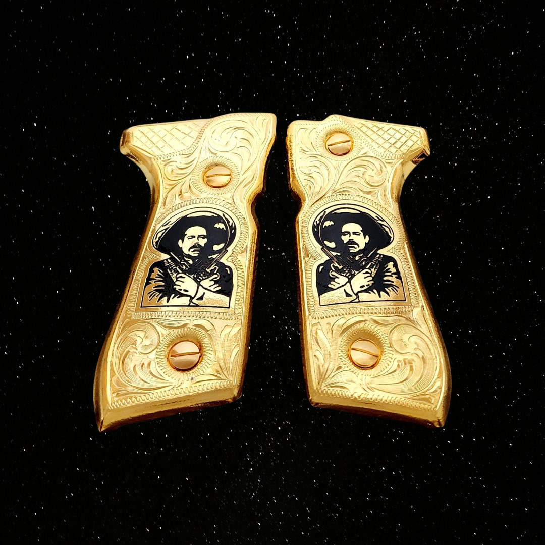 Pancho villa centauro del norte grips cachas pietro Beretta 92fs 24k gold plated