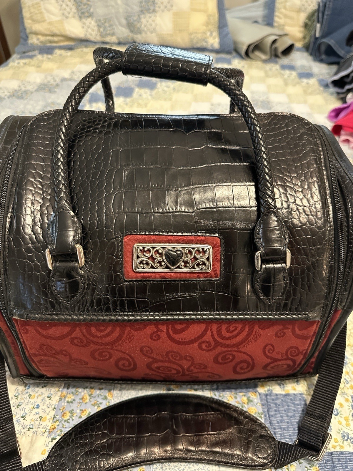 Brighton Weekender Bag Red Jacquard Black Croc Embossed Leather Vtg Train Case