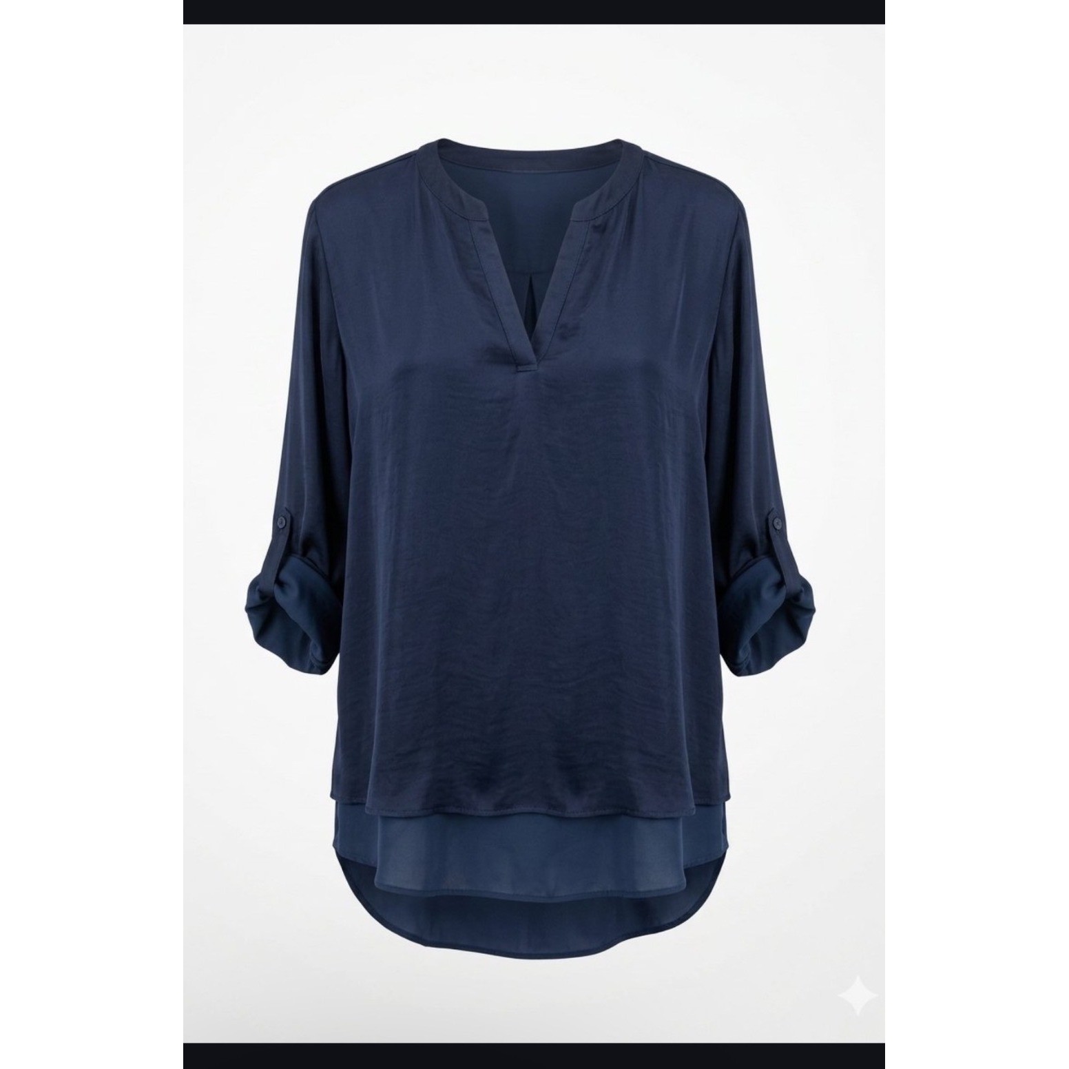 Chicos Navy Blue Layered High Low Tunic V-Neck Roll Tab Sleeve Top Size XL