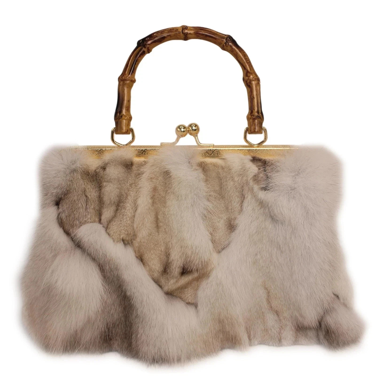 Real Fox Fur Handbag – Vintage Kisslock Purse with Handle, Patchwork from Eth...