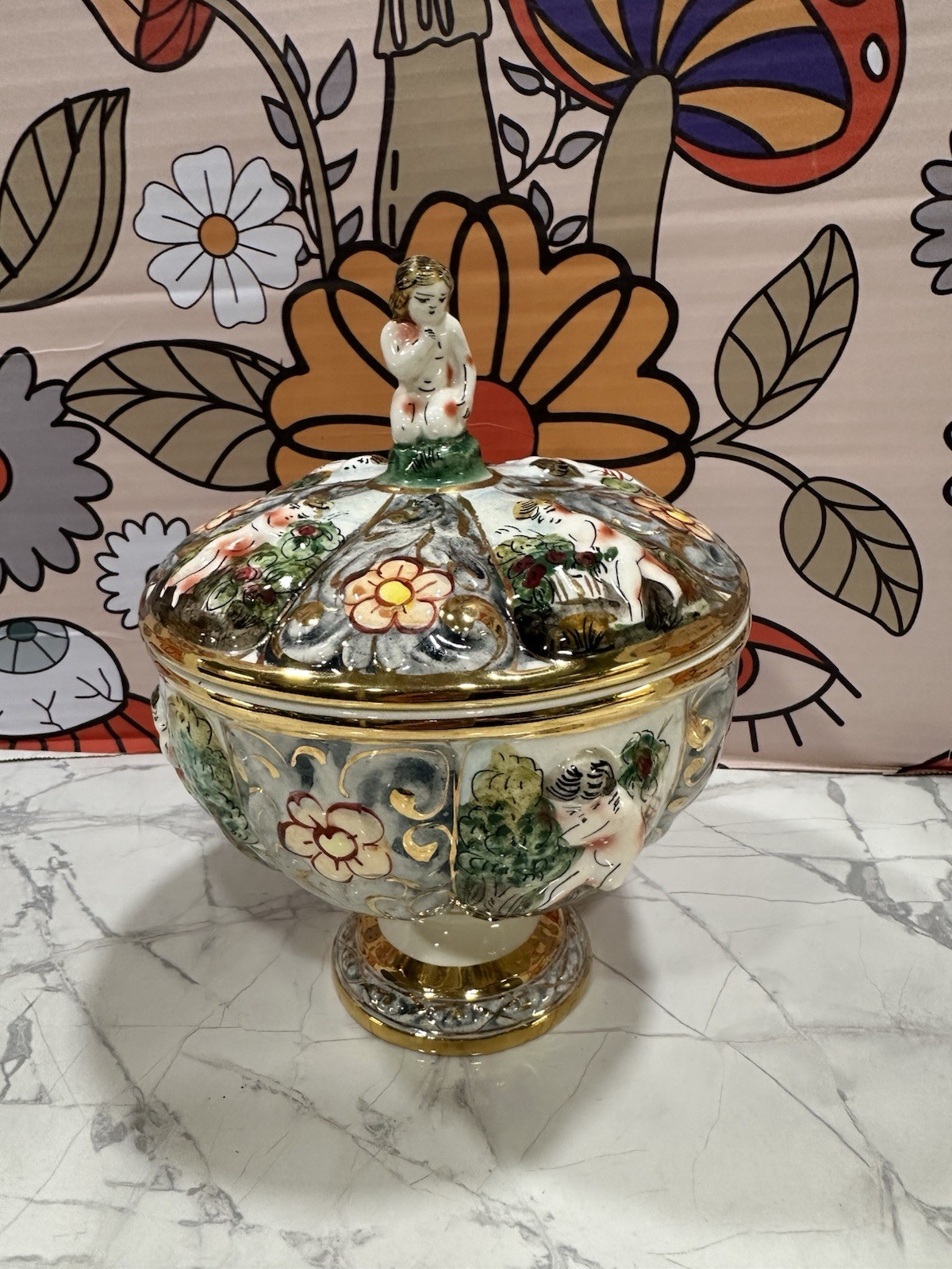 Vtg Capodimonte Italy Porcelain Hand Painted Cherub Pedestal Lidded Candy Dish
