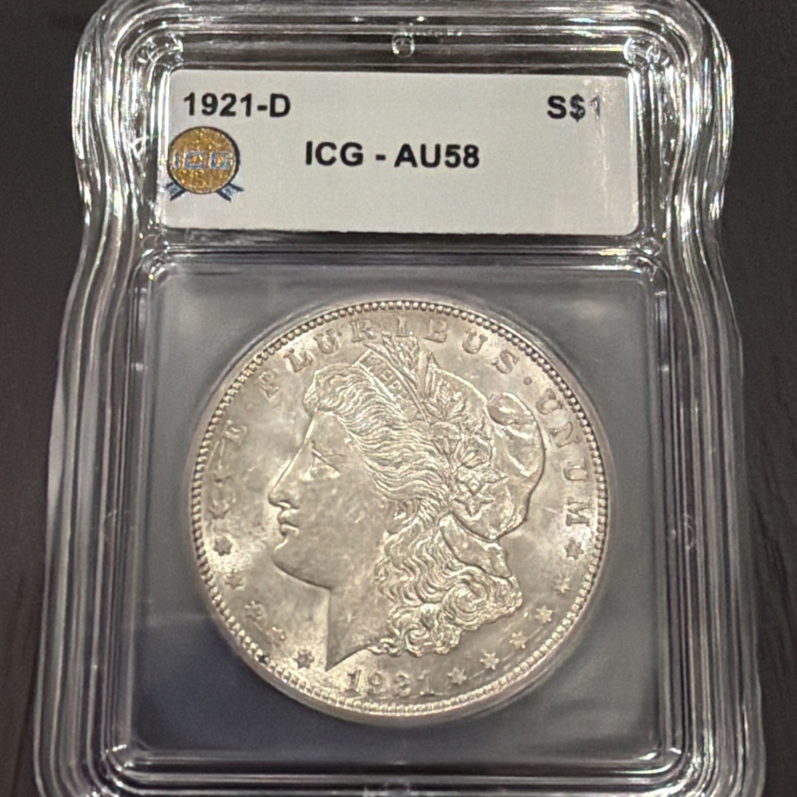 1921-D Morgan Silver Dollar ICG AU58 Denver 90% Silver Final Year $1