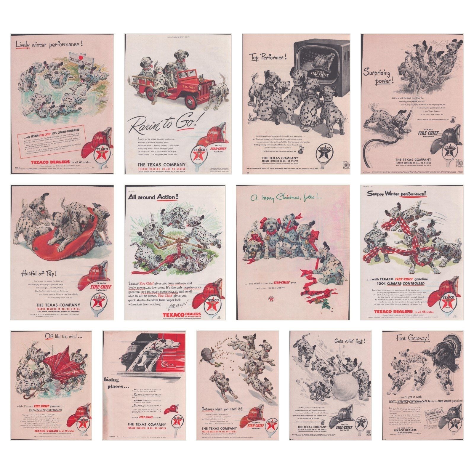 13 Vintage 1950s Texaco Fire Chief Gasoline Dalmatian Puppy Print Ads Collection