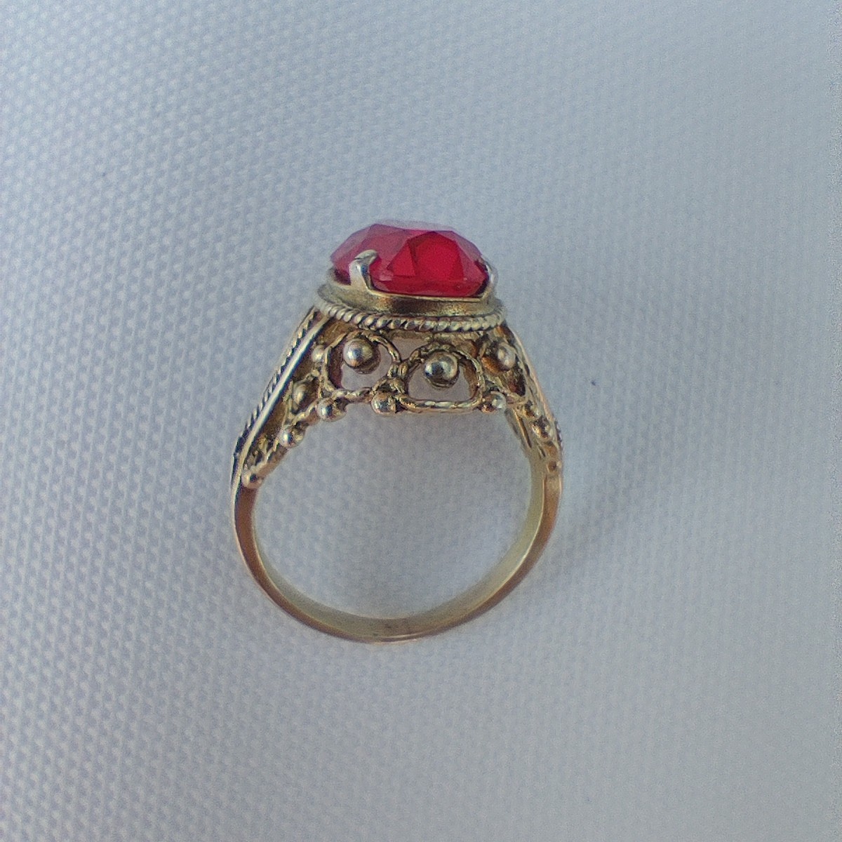 Vintage Soviet USSR 875 Silver Gold Plated Ring Synthetic Ruby