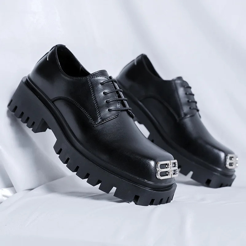 Men Casual Leather Derby Shoes Square Toe Trendy Designer Heightened Boots Black