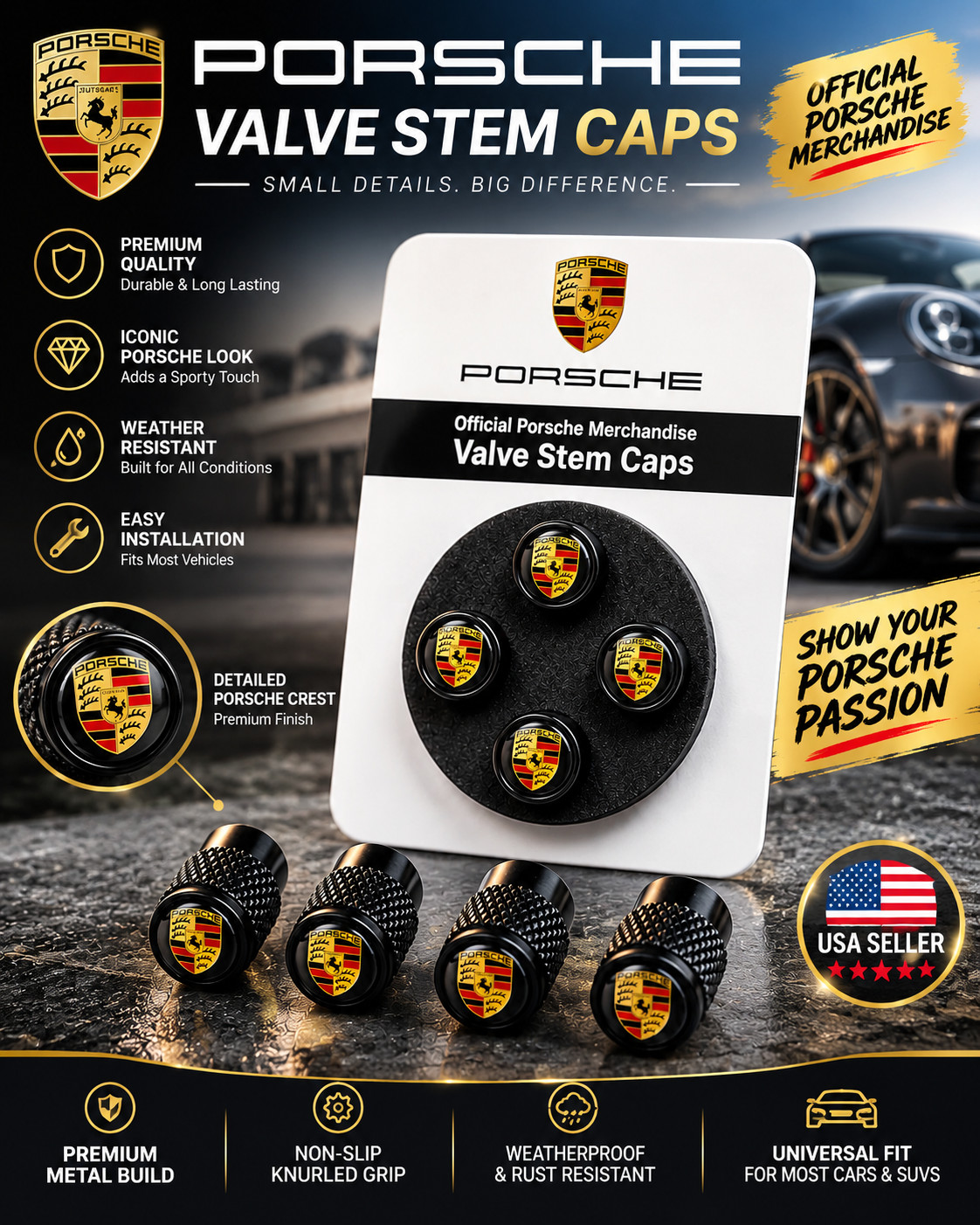 Genuine Porsche Premium OEM Tyre Valve Dust Caps (4x) in Gloss Black
