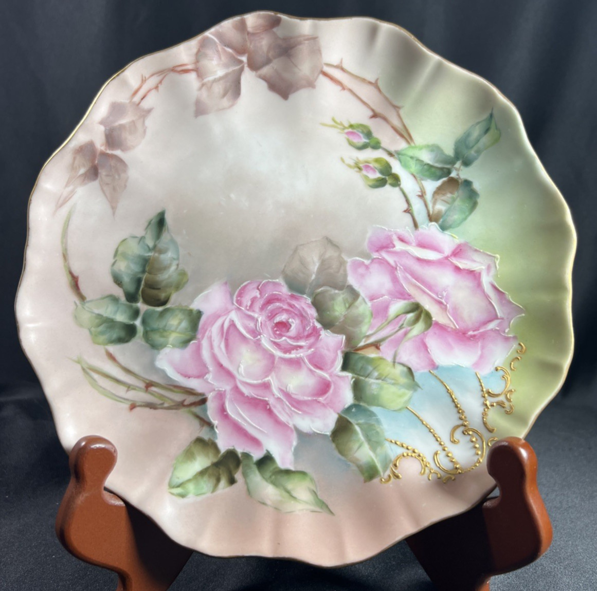 Jean Pouyat Limoges Hand Painted Pink Roses & Gold Plate 8 1/2 Inches