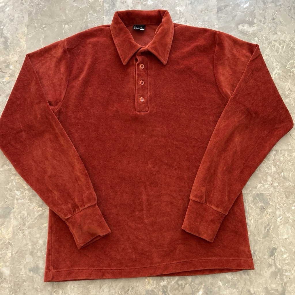 Vintage 1970s Amati Velour Polo Shirt Medium USA Made Rust Red Long Sleeve 19x26