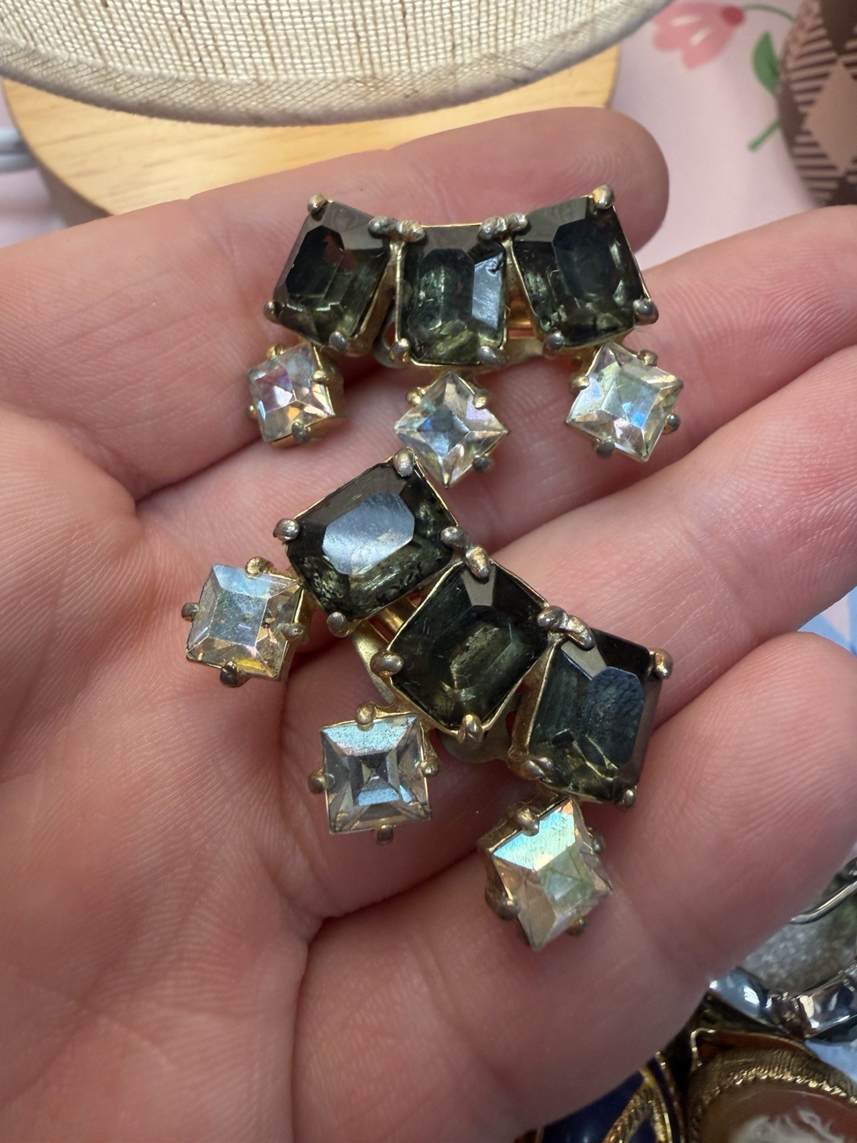 Vintage Schiaparelli  Signed AB Clip-ON Earrings Gold Tone