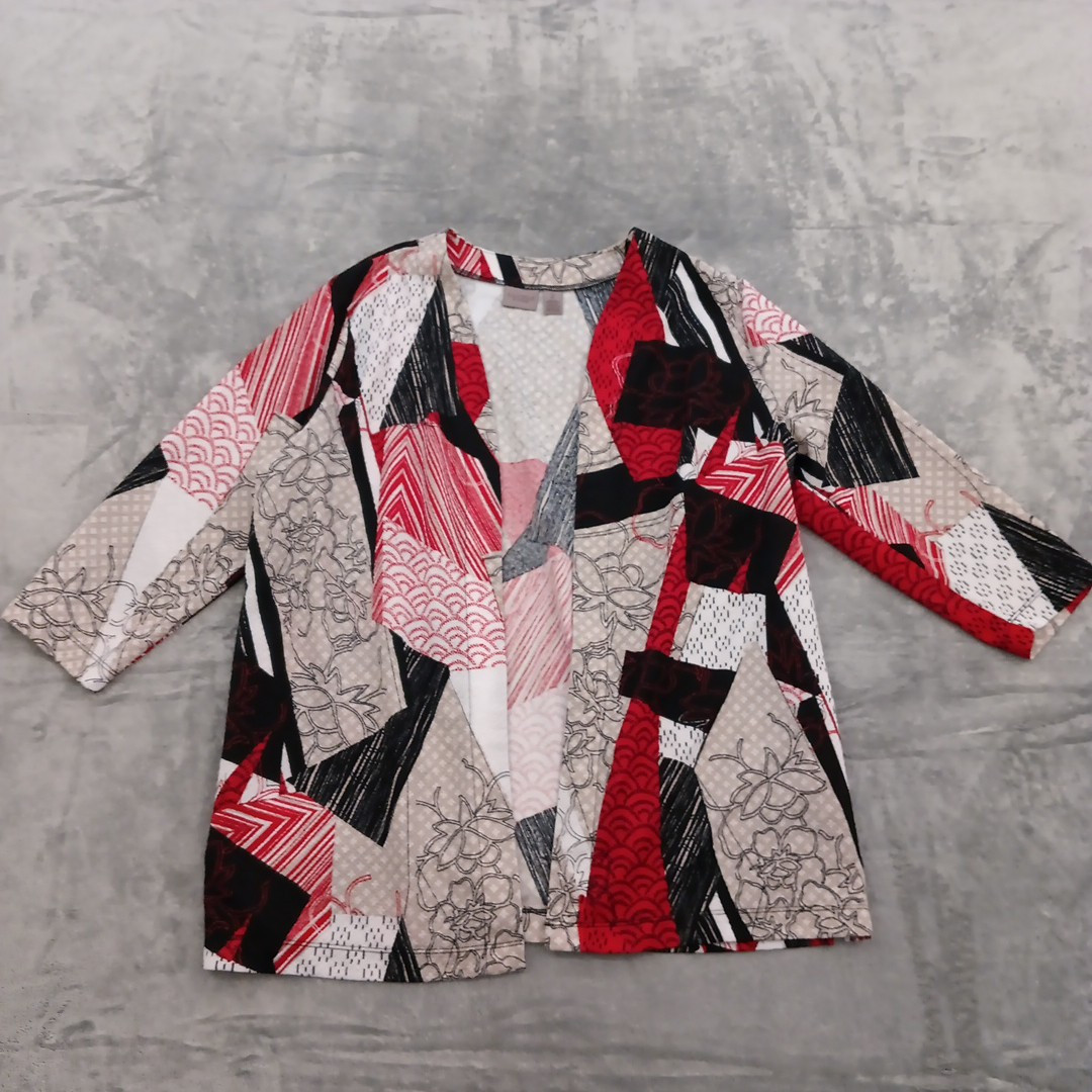 Chico\'s Easy Wear Shirt Womens Size 2 Red Geometric 3/4 Sleeve Open Knit