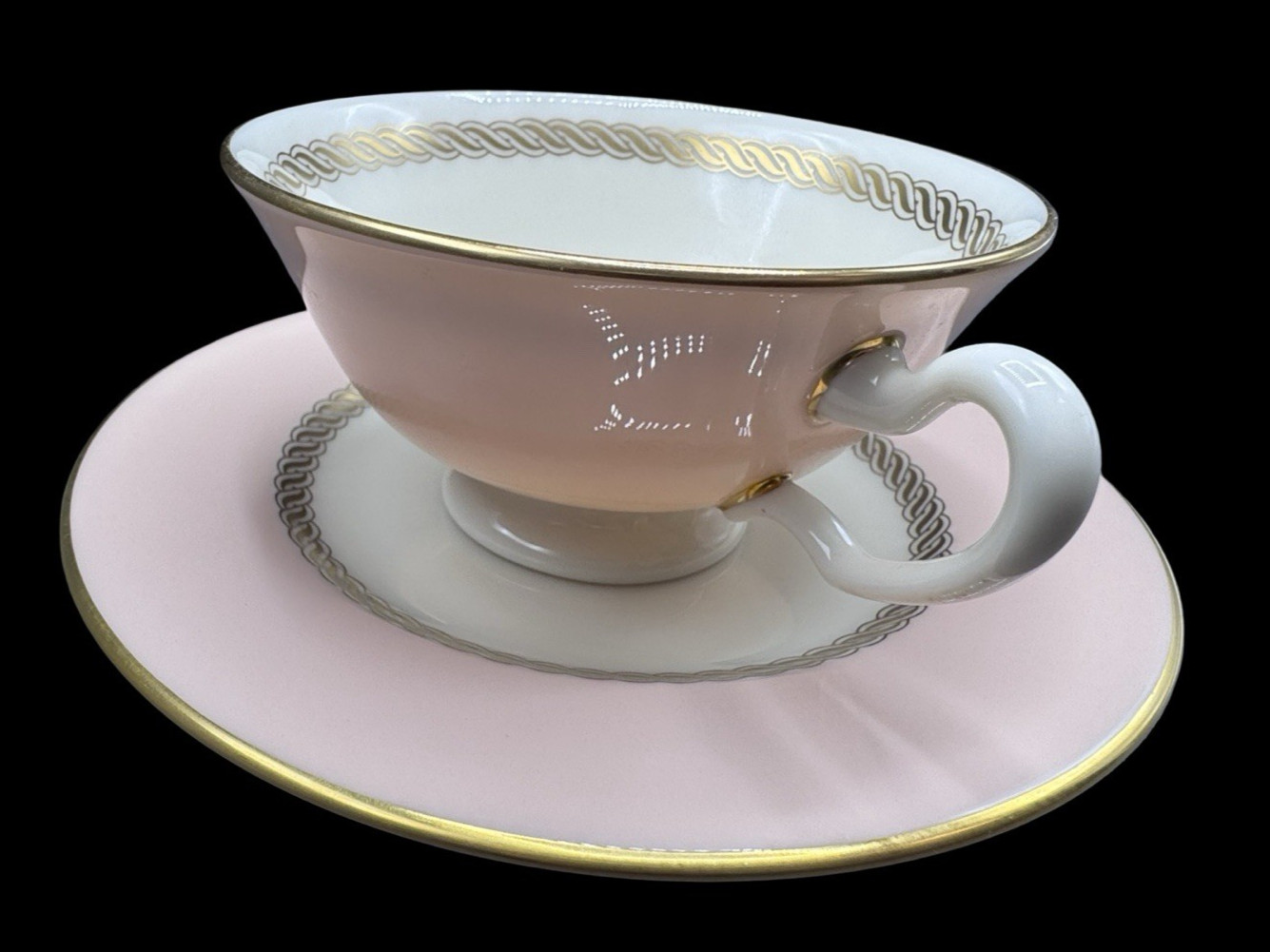 Lenox Caribbee Pink Gold Rope X-444 Footed Cup 4oz Saucer 5 5/8 inch Unused (A)