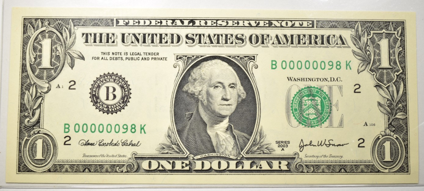 2003-A $1 FRN 2-DIGIT ULTRA LOW SERIAL NUMBER 00000098 ~ CRISP UNCIRCULATED 2003-A $1 FRN 2-DIGIT ULTRA LOW SERIAL NUMBER 00000098 ~ CRISP UNCIRCULATED