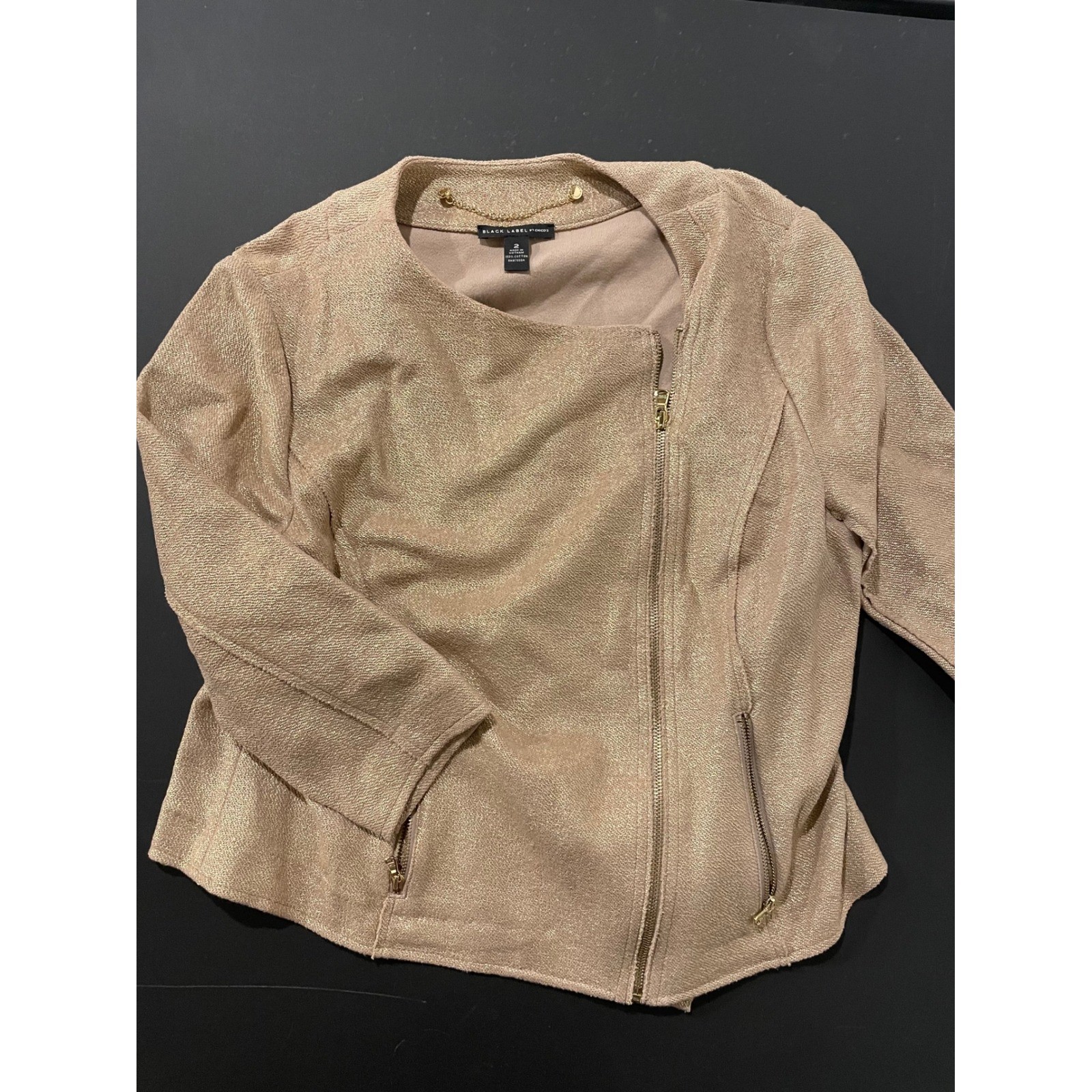 Black Label by Chico\'s Metallic Gold Textured Moto Jacket Blazer Women\'s Size 2