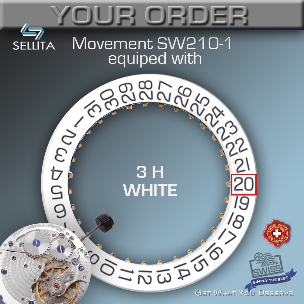 MOVEMENT MANUAL WIND SELLITA SW210-1a-PEARL,  HAND WIND, 10 DATE OPTIONS