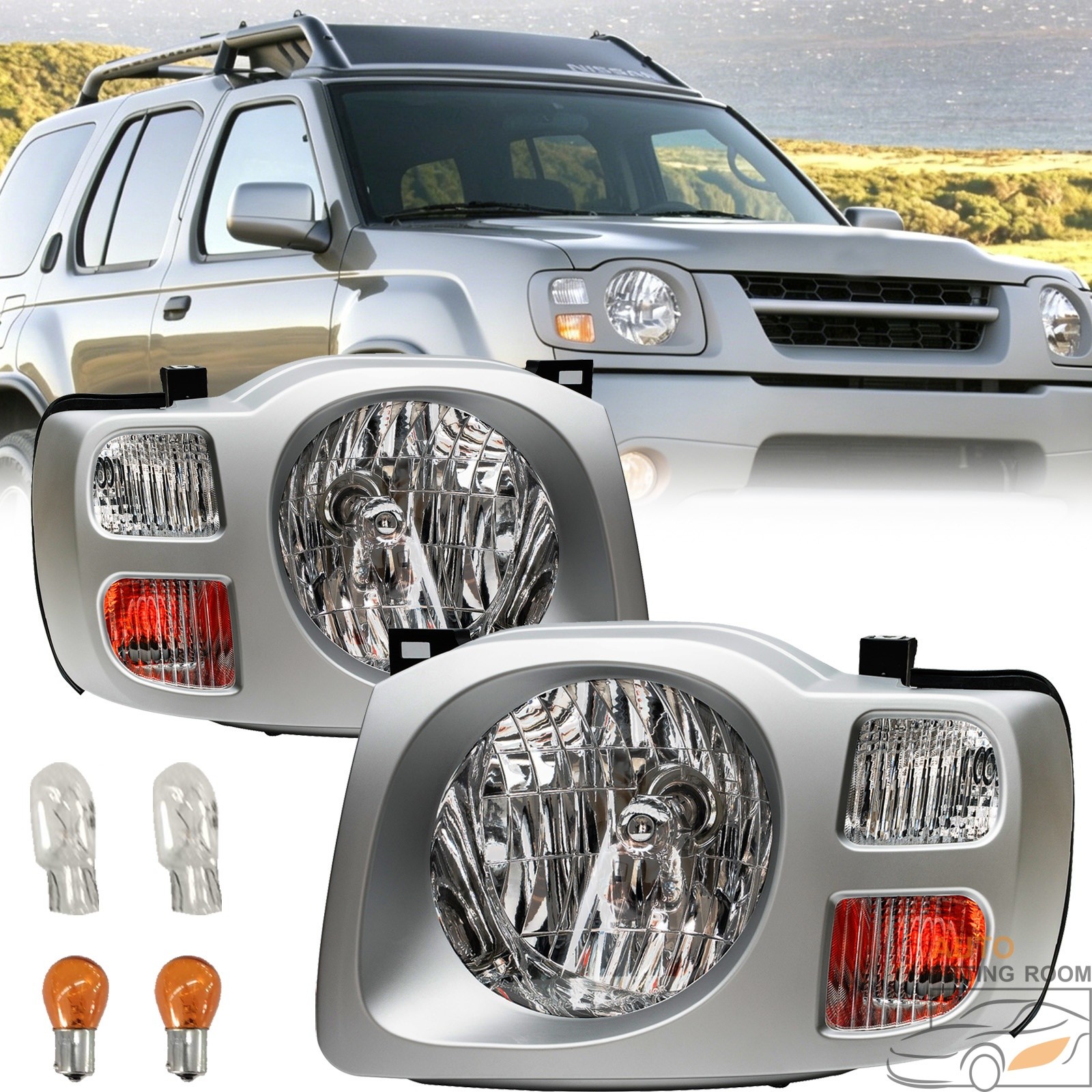 Headlight For 2002-2004 Nissan Xterra Gray Halogen With Bulb Left & Right Headlight For 2002-2004 Nissan Xterra Gray Halogen With Bulb Left & Right