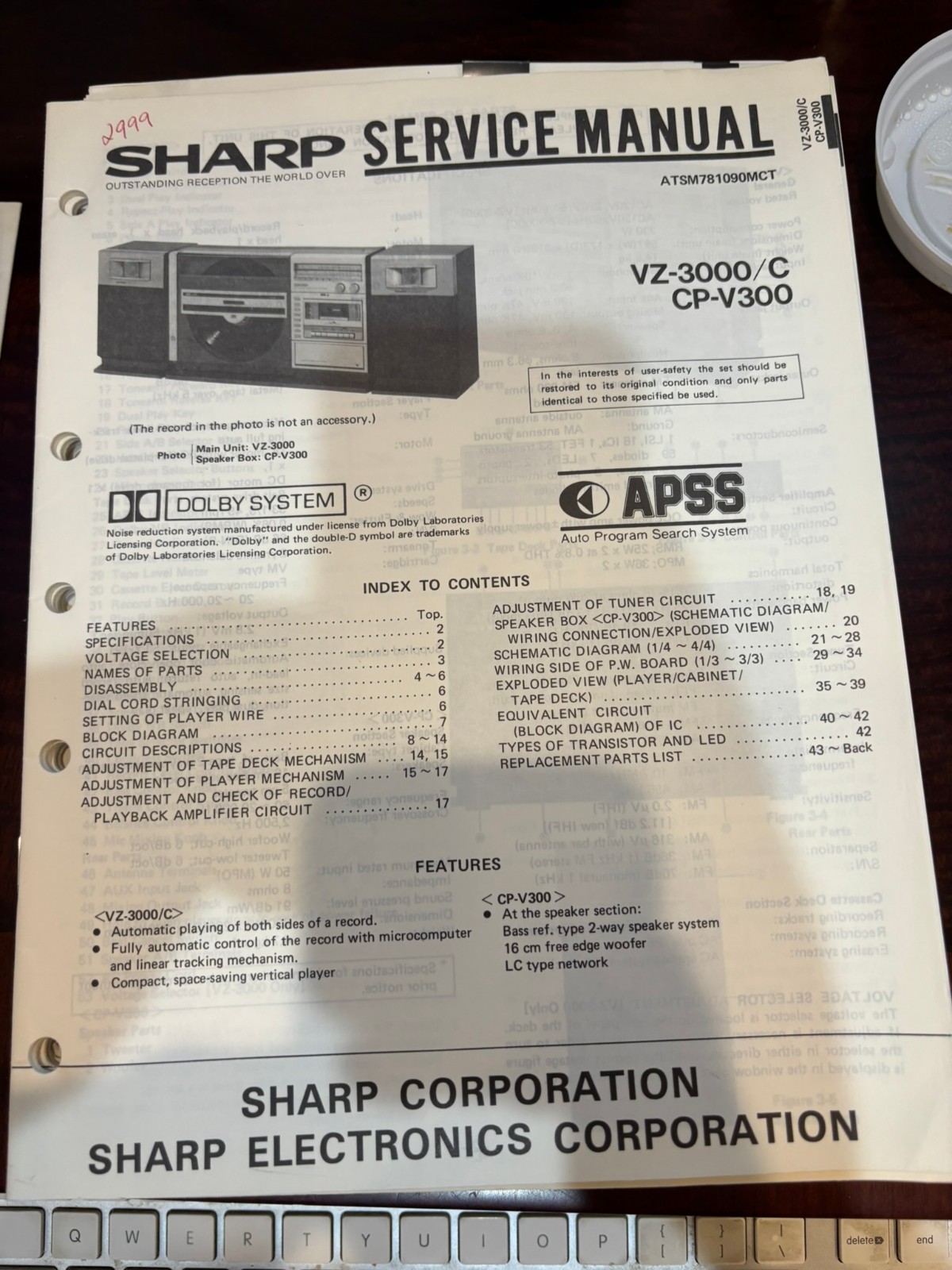 ORIG. SHARP VZ-3000 VZ-3000/C CP-V300  VZ3000 Repair & Service Manual *ORIGINAL*