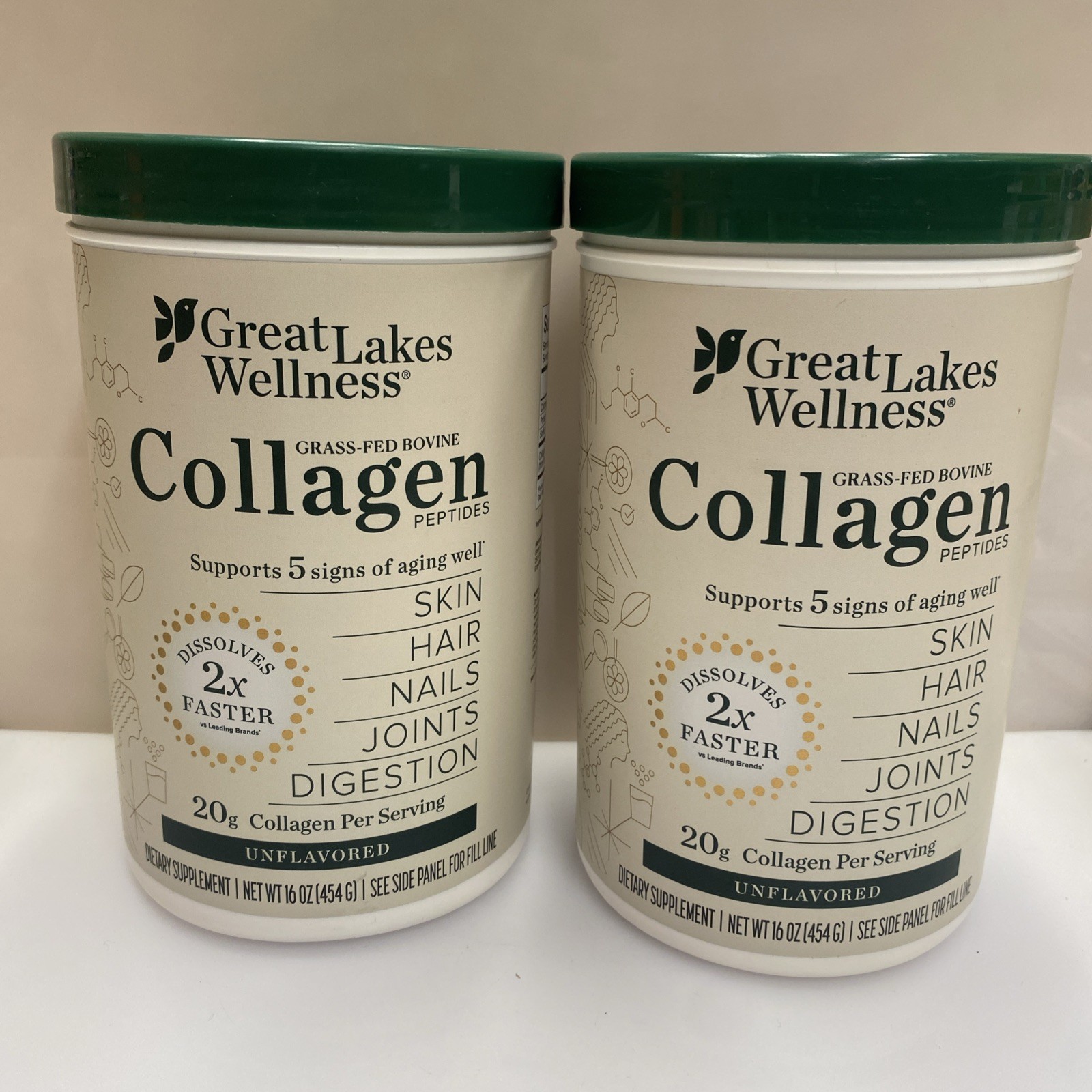 2X Great Lakes Wellness Grass-Fed Collagen Peptides Unflavored Powder 16 Oz