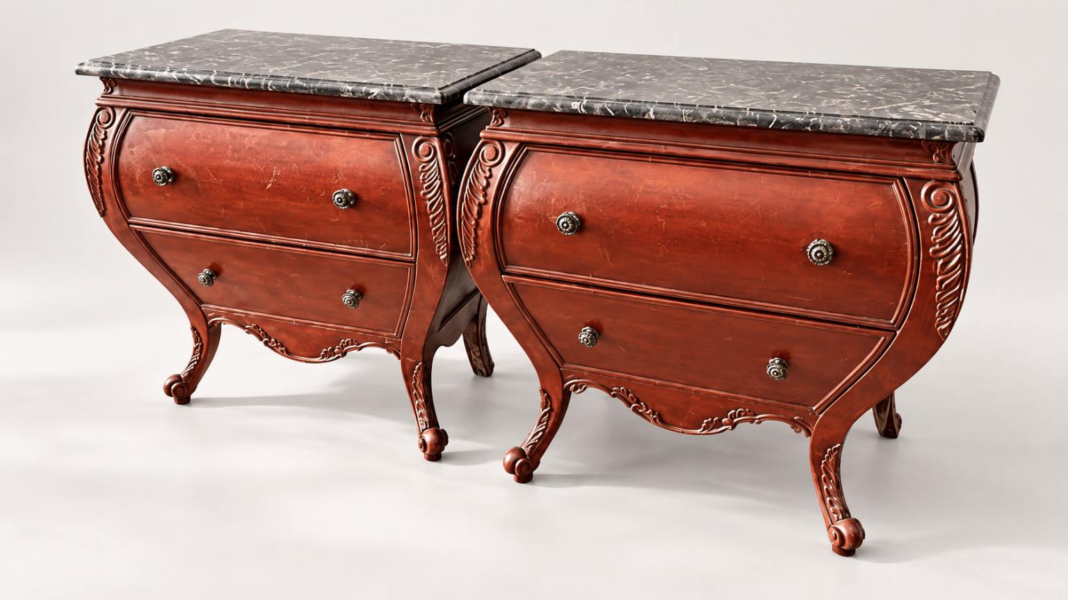 Antique French Style Bombe Chest of Drawers Marble Top (Pair) Carved Wood