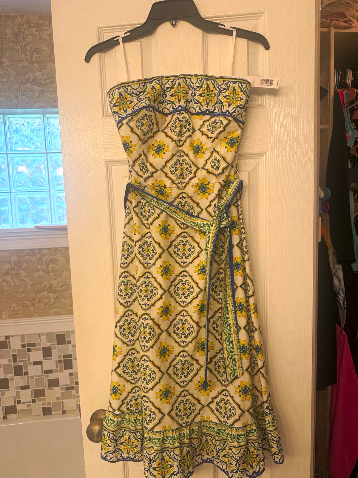 Antonio Melani White Blue Yellow Green Floral Strapless A-Line Midi Dress 2