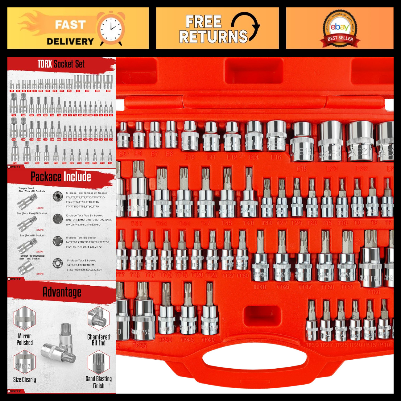 60-Piece Torx Bit Socket Set - E-Torx & External Torx Sockets, 1/4\