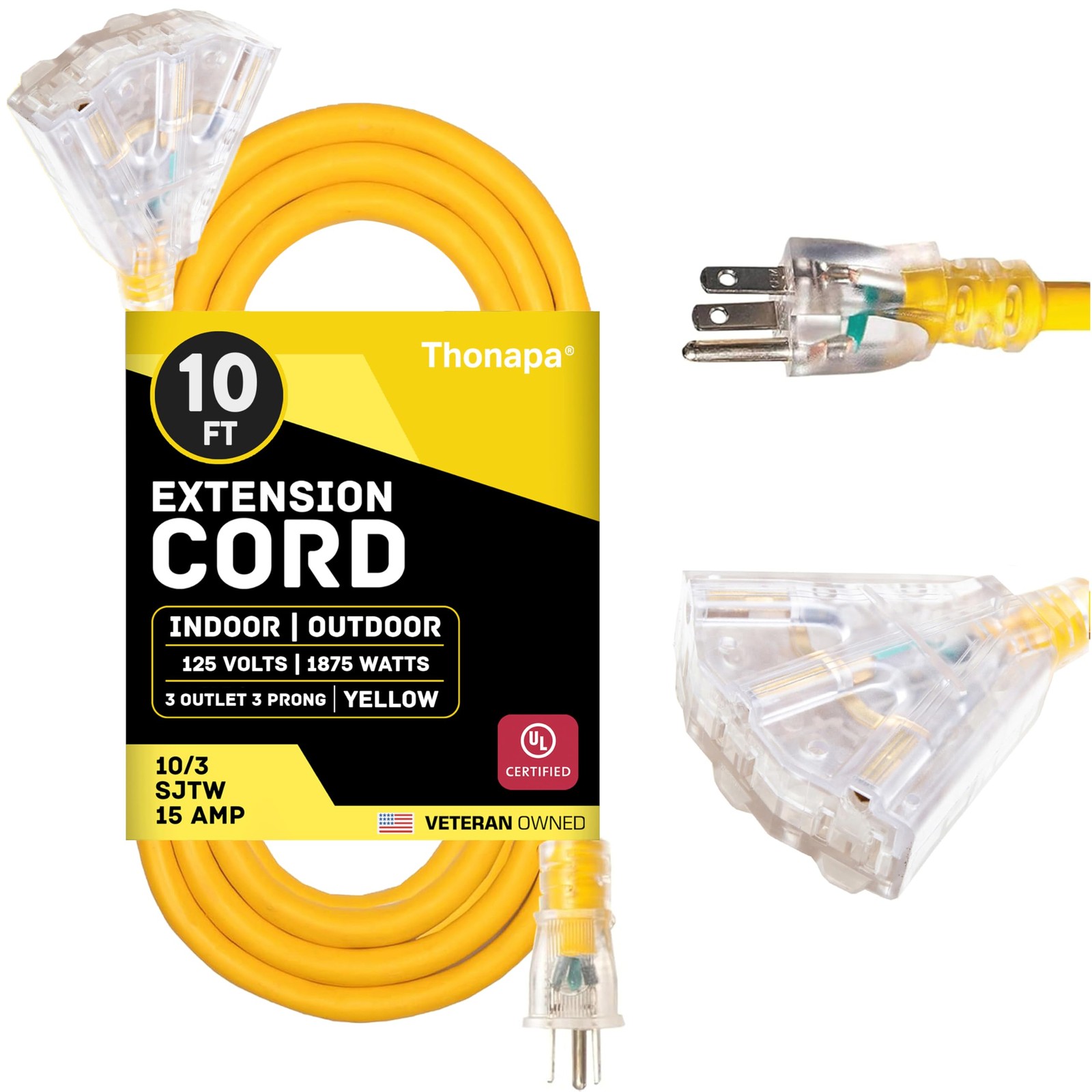 10 Ft Lighted Outdoor Extension Cord -3 Power Outlets-10/3 Yellow 10 Gauge Cable 10 Ft Lighted Outdoor Extension Cord -3 Power Outlets-10/3 Yellow 10 Gauge Cable