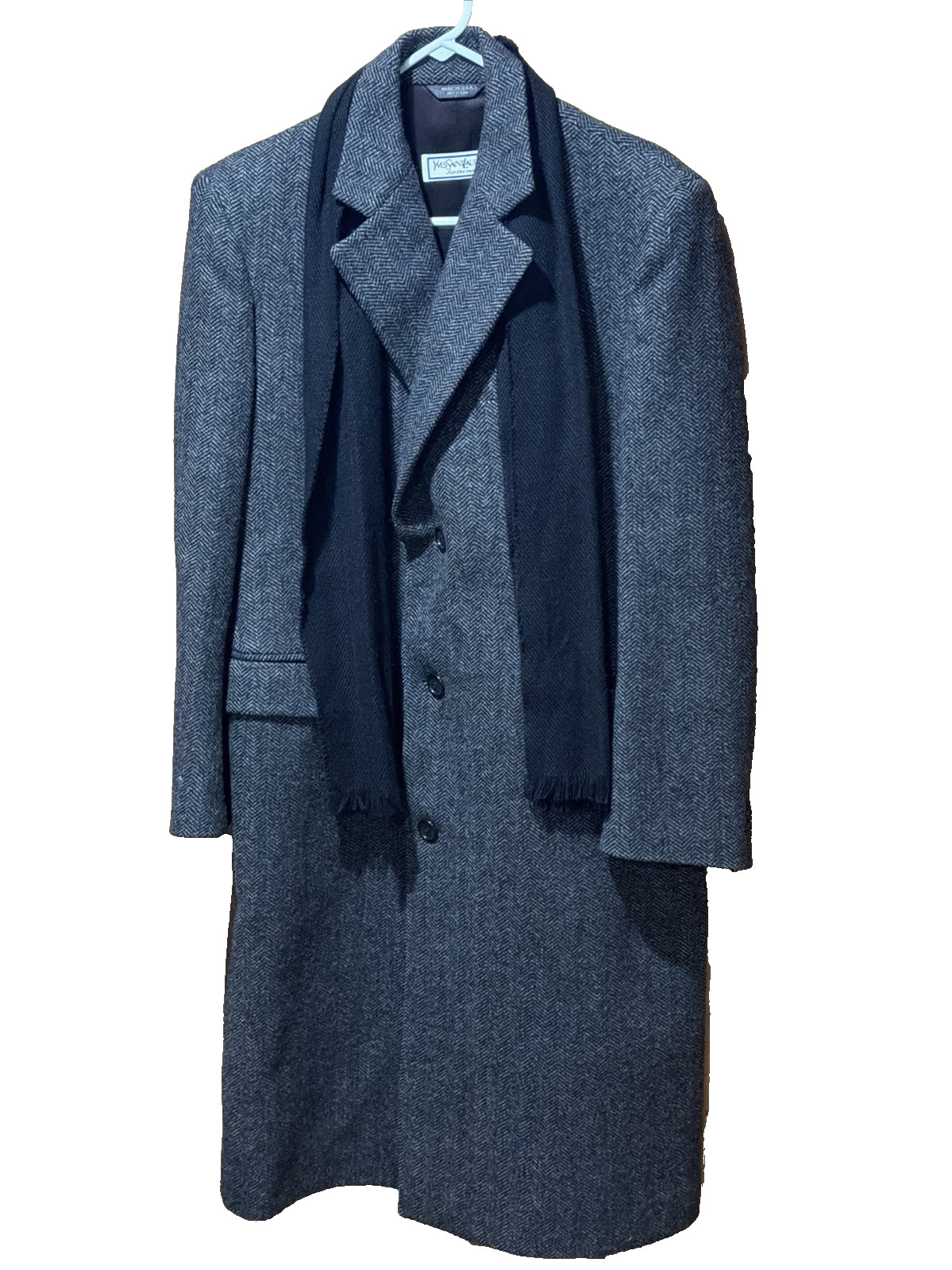 VTG Yves Saint Laurent Full Length 100% Herringbone Wool Trench Coat Small Union