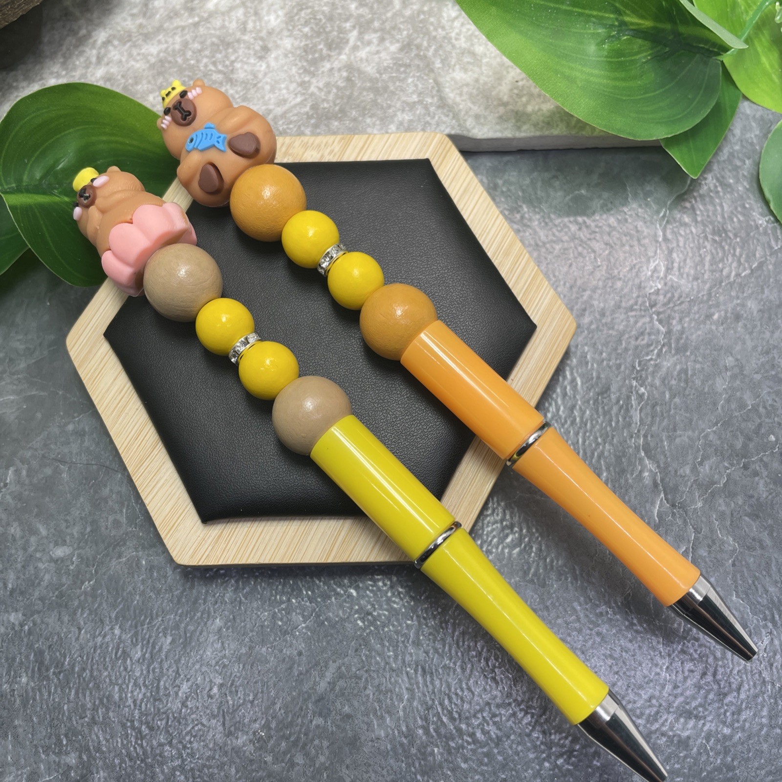 2 PC Handmade Wood & Rhinestone Beads Black Ink Capybara Pen Set New C1670 2 PC Handmade Wood & Rhinestone Beads Black Ink Capybara Pen Set New C1670