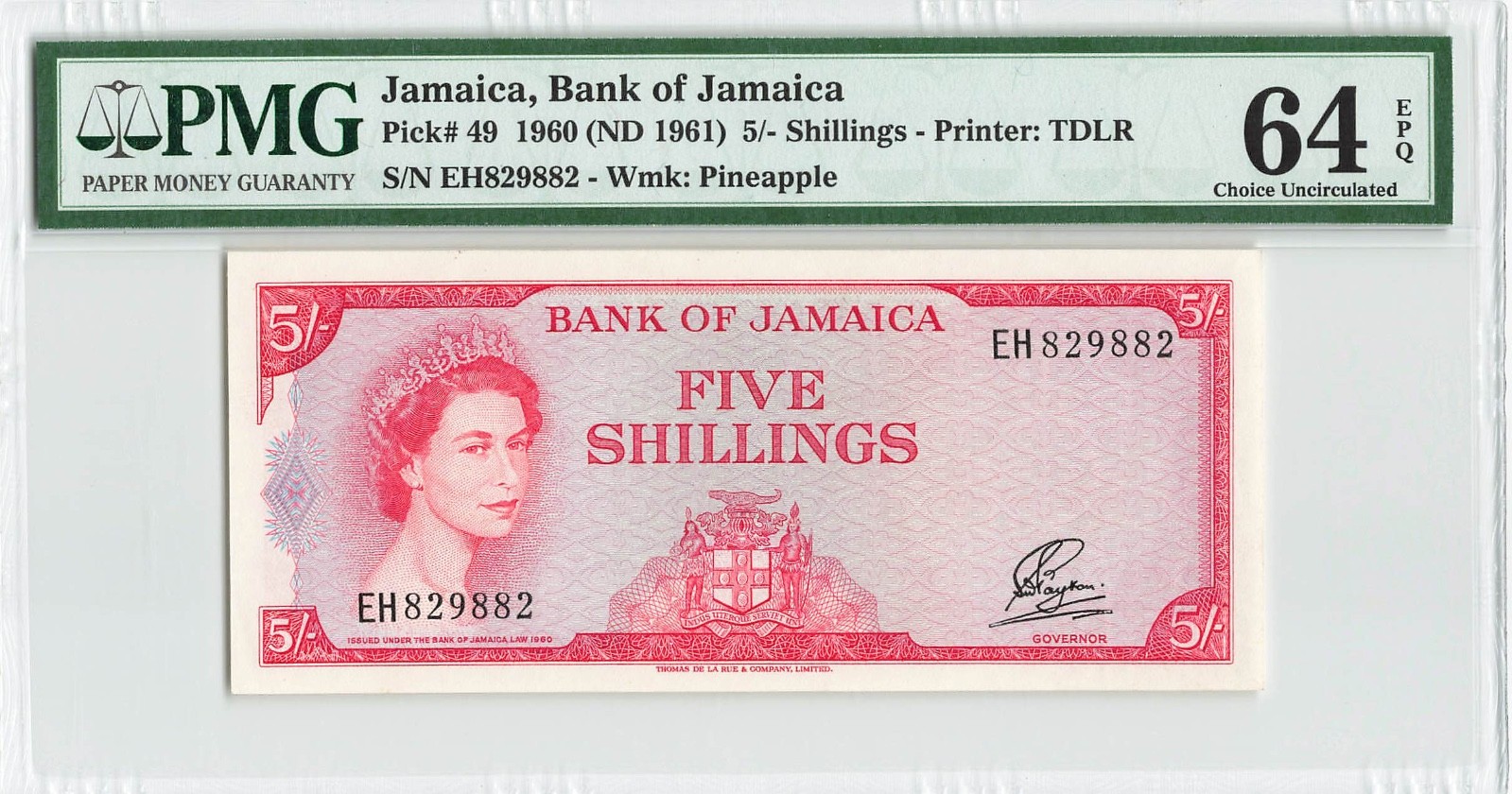 JAMAICA 5 Shillings 1960 (1961), P-49 LATIN MOTTO, PMG 64 EPQ Choice UNC, QEII