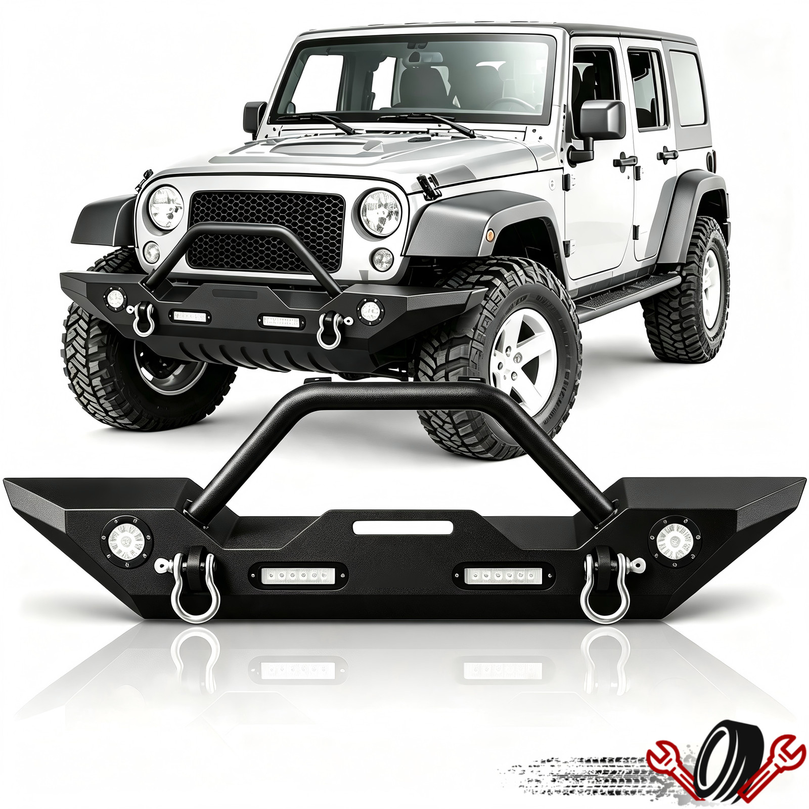 for 2007-2026 Jeep Wrangler JK & Unlimited Front Bumper w/ LED Lights & D-Rings
