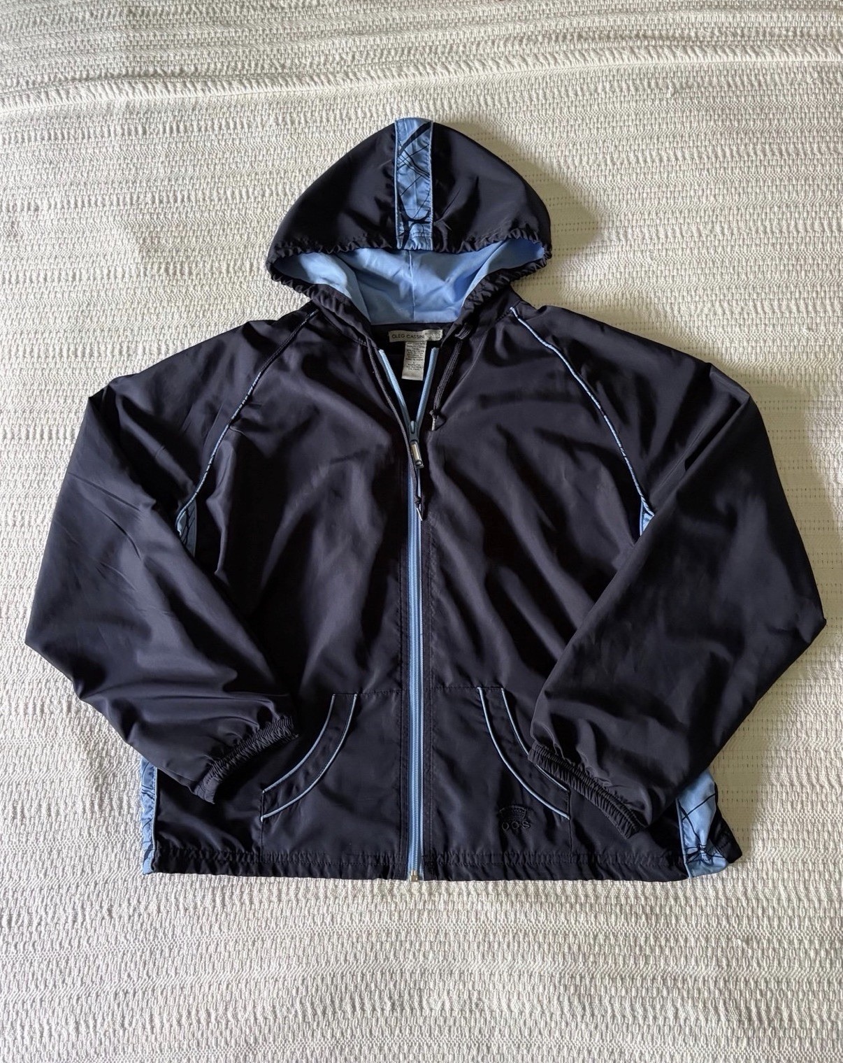Vintage Oleg Cassini Sport Navy & Light Blue Hooded Windbreaker Track Jacket L