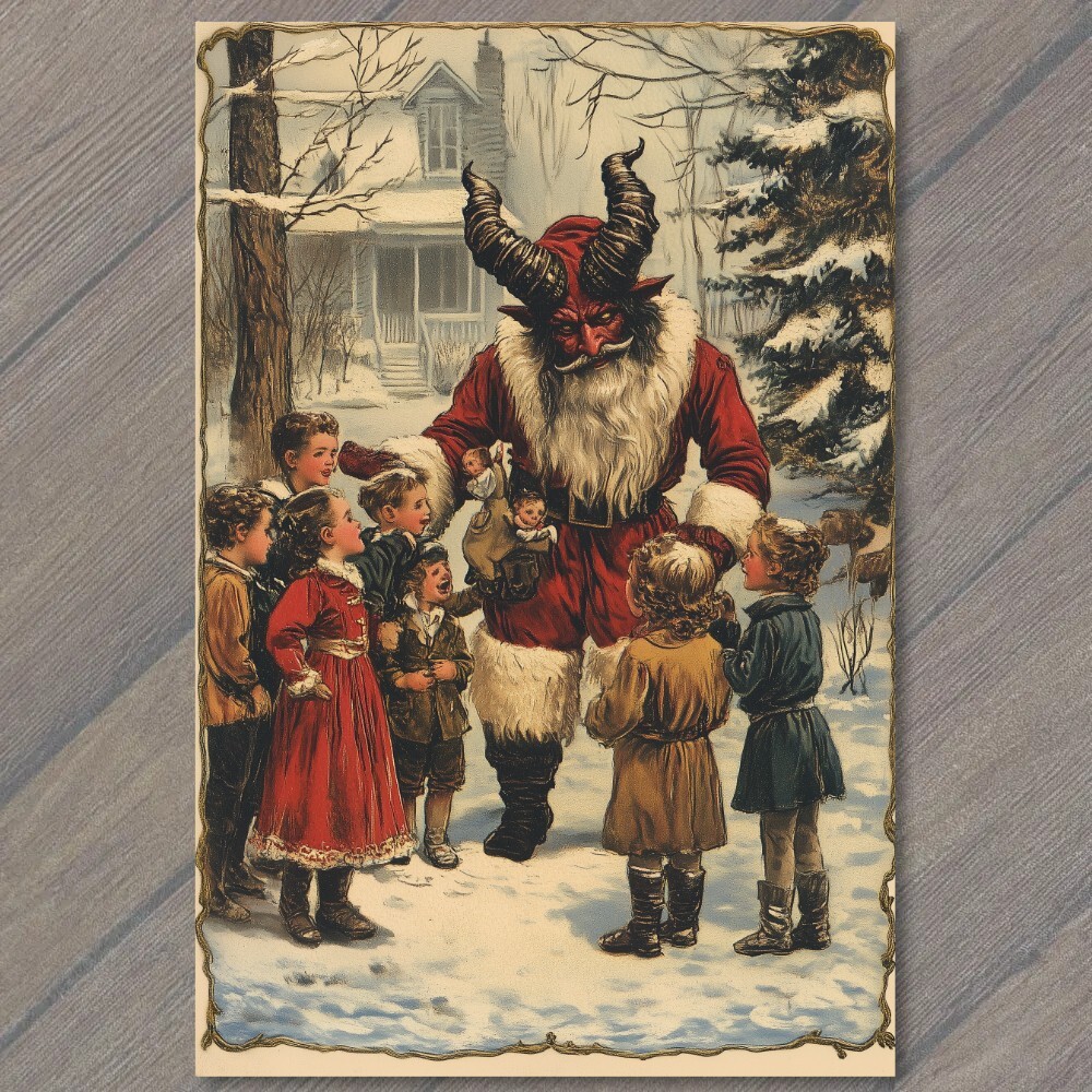 POSTCARD Krampus Santa Strange Meeting Children Christmas Winter Unusual Retro