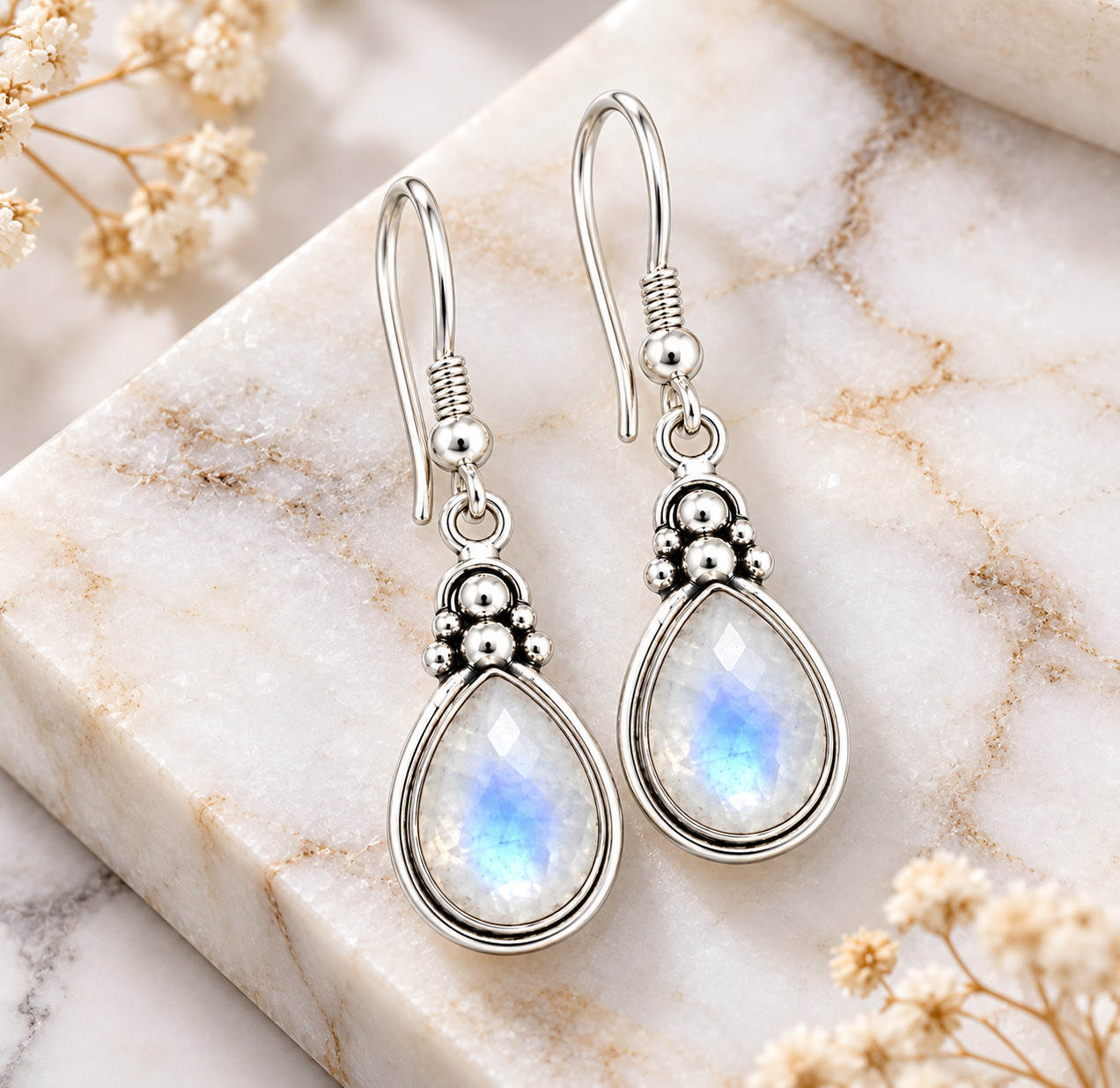 925 Sterling Silver Moonstone Pear Shape Dangle Earrings Handmade Boho Jewelry